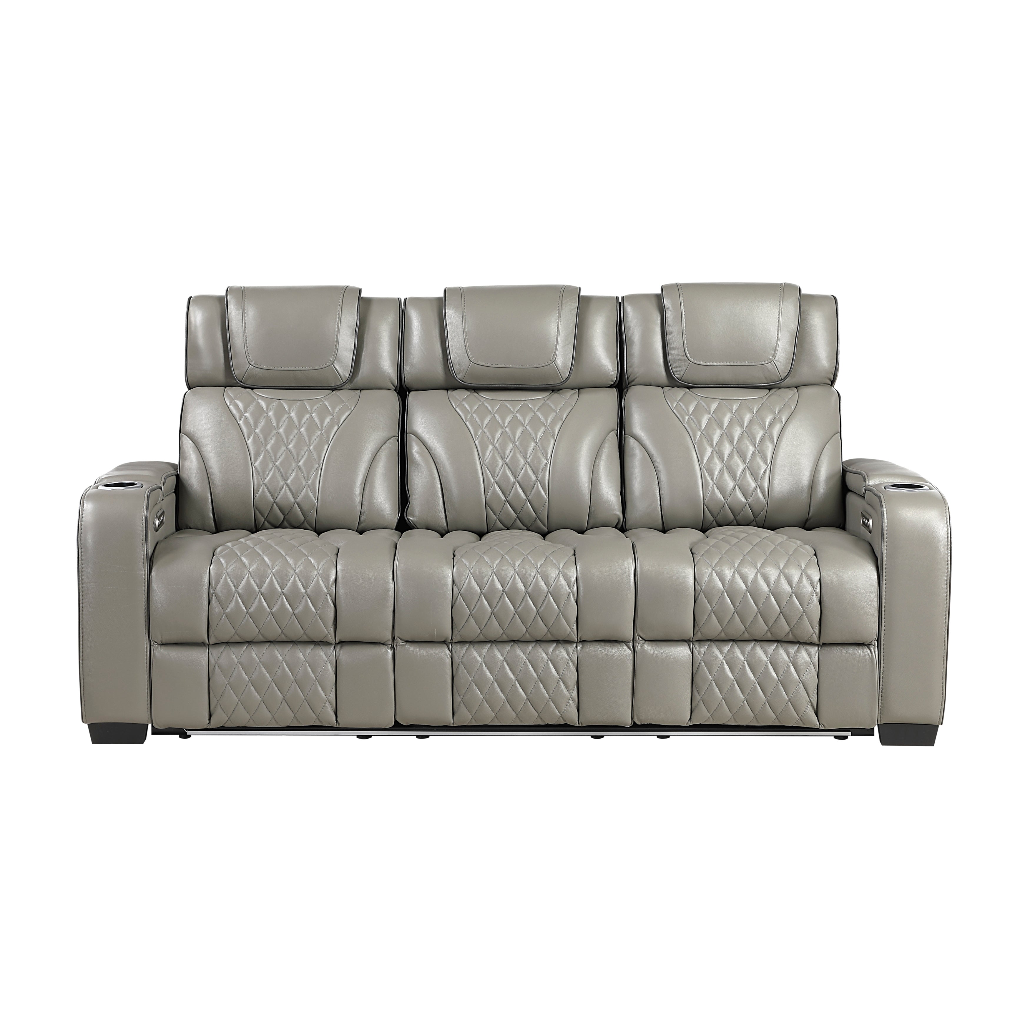 8449GY-3PWHM Power Double Reclining Sofa with Center Drop-Down Cup Holders, Power Headrests, Storage Arms with Cup holders, Reading Lights, Wireless Charger, Air Massage and Heat, LED Lighting and Charging Ports - 8449GY-3PWHM