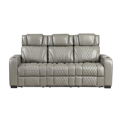 8449GY-3PWHM Power Double Reclining Sofa with Center Drop-Down Cup Holders, Power Headrests, Storage Arms with Cup holders, Reading Lights, Wireless Charger, Air Massage and Heat, LED Lighting and Charging Ports - 8449GY-3PWHM