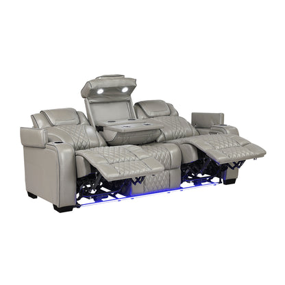 8449GY-3PWHM Power Double Reclining Sofa with Center Drop-Down Cup Holders, Power Headrests, Storage Arms with Cup holders, Reading Lights, Wireless Charger, Air Massage and Heat, LED Lighting and Charging Ports - 8449GY-3PWHM