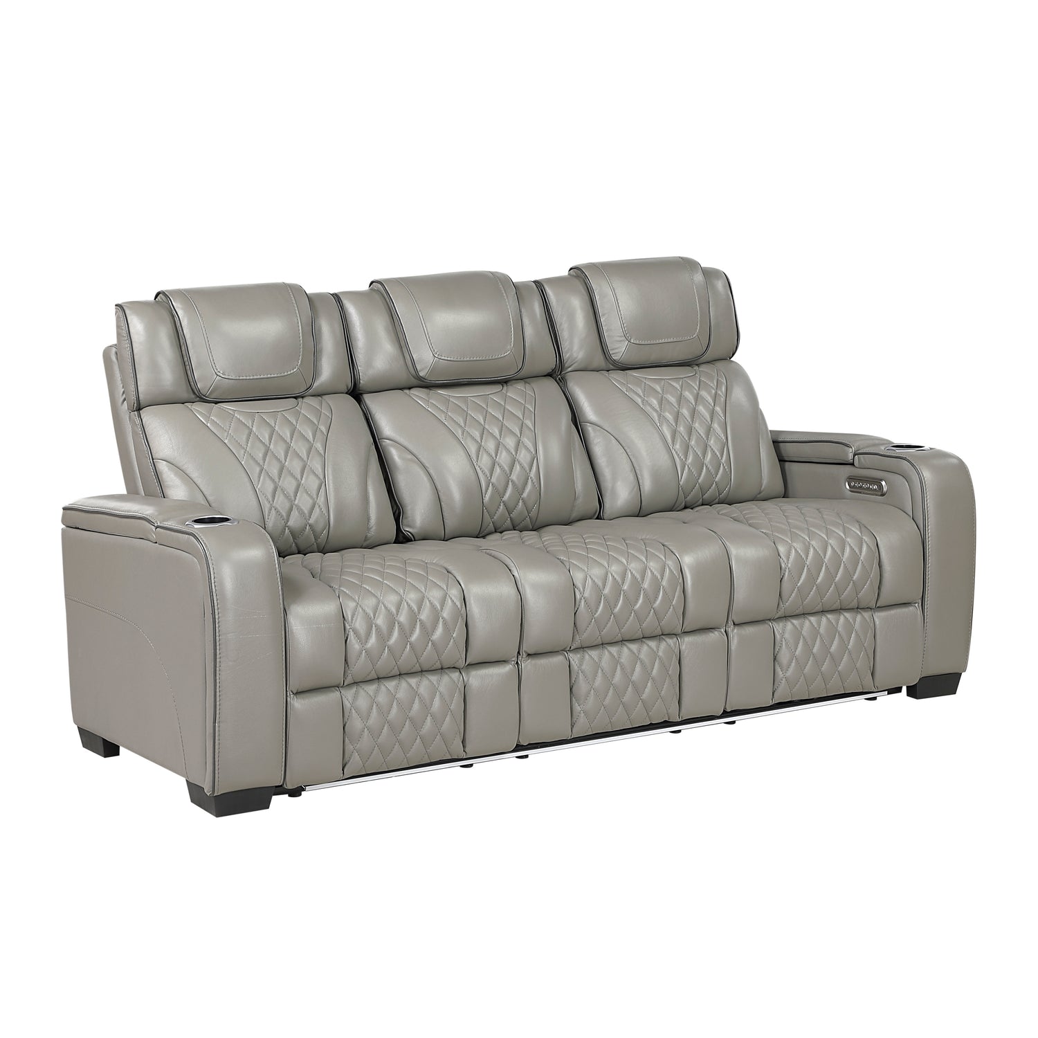 8449GY-3PWHM Power Double Reclining Sofa with Center Drop-Down Cup Holders, Power Headrests, Storage Arms with Cup holders, Reading Lights, Wireless Charger, Air Massage and Heat, LED Lighting and Charging Ports - 8449GY-3PWHM