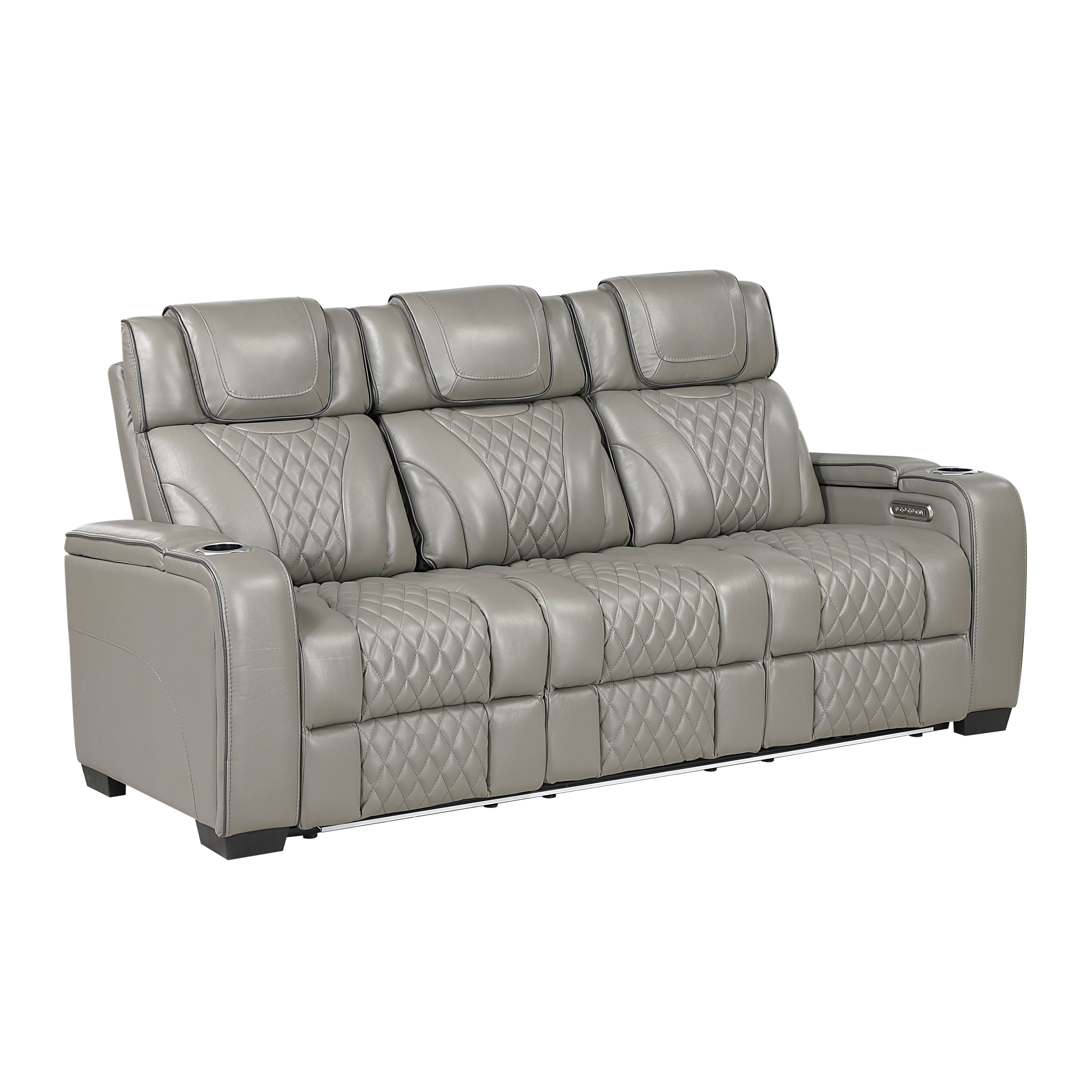 8449GY-3PWHM Power Double Reclining Sofa with Center Drop-Down Cup Holders, Power Headrests, Storage Arms with Cup holders, Reading Lights, Wireless Charger, Air Massage and Heat, LED Lighting and Charging Ports - 8449GY-3PWHM