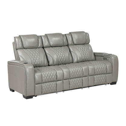 8449GY-3PWHM Power Double Reclining Sofa with Center Drop-Down Cup Holders, Power Headrests, Storage Arms with Cup holders, Reading Lights, Wireless Charger, Air Massage and Heat, LED Lighting and Charging Ports - 8449GY-3PWHM