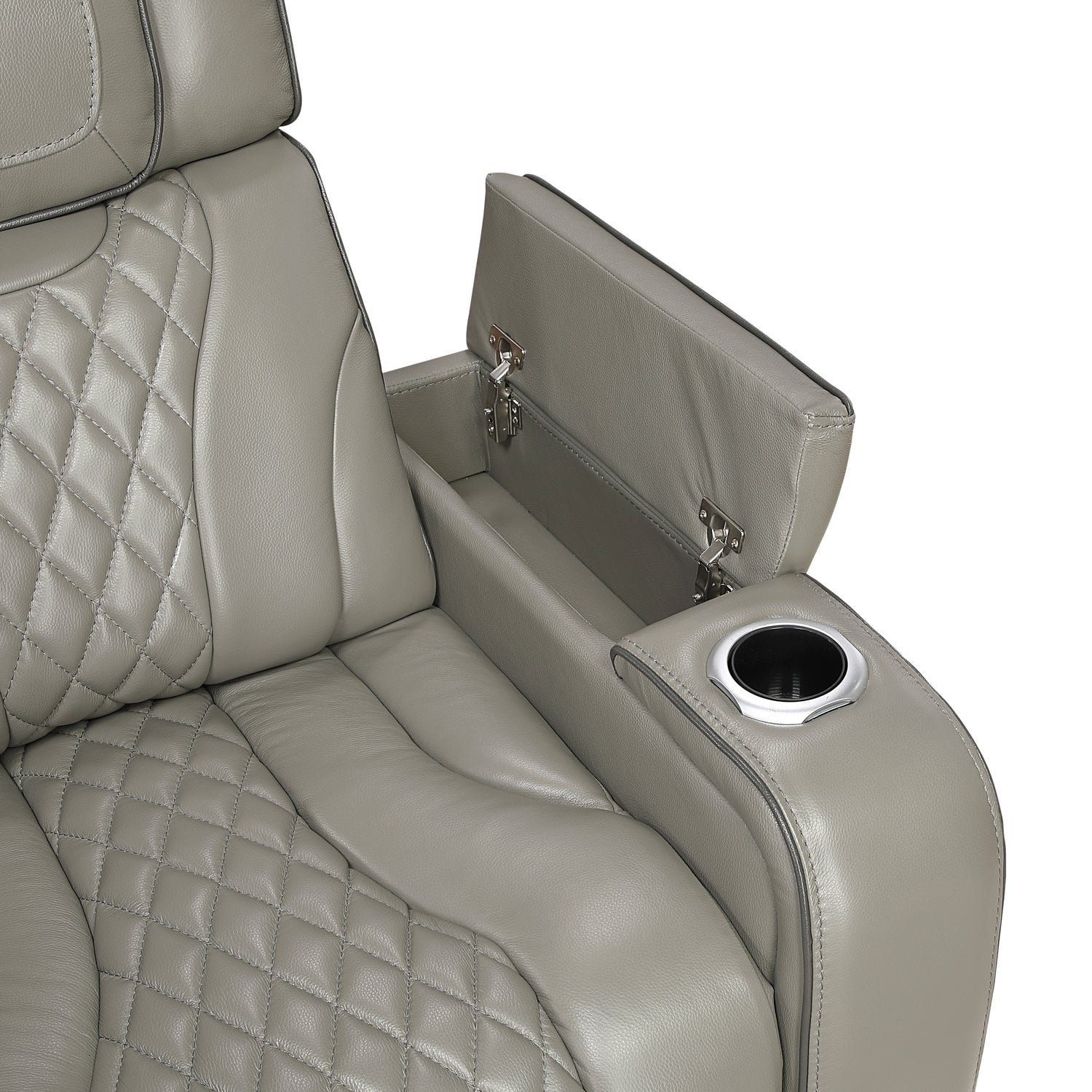 8449GY-3PWHM Power Double Reclining Sofa with Center Drop-Down Cup Holders, Power Headrests, Storage Arms with Cup holders, Reading Lights, Wireless Charger, Air Massage and Heat, LED Lighting and Charging Ports - 8449GY-3PWHM