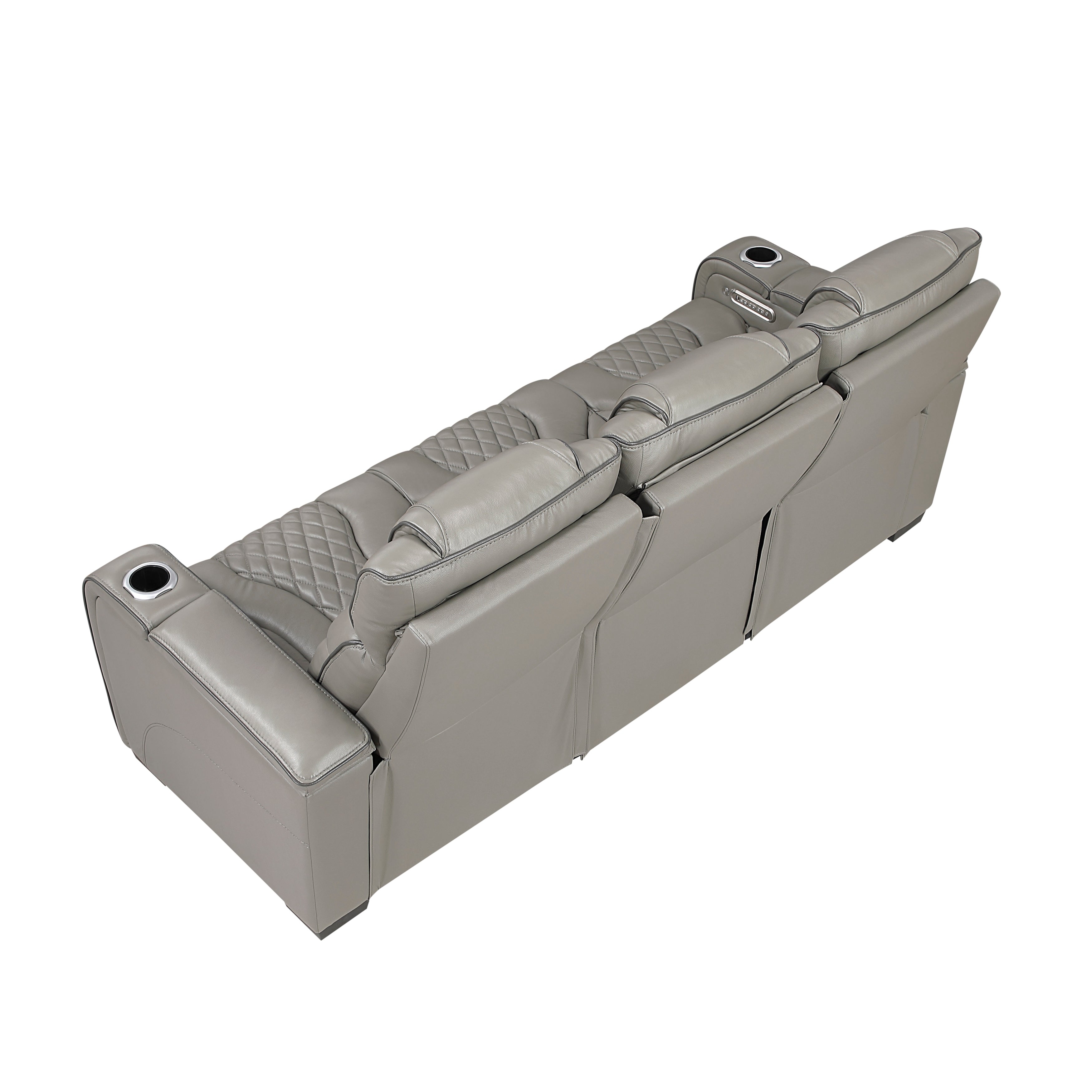 8449GY-3PWHM Power Double Reclining Sofa with Center Drop-Down Cup Holders, Power Headrests, Storage Arms with Cup holders, Reading Lights, Wireless Charger, Air Massage and Heat, LED Lighting and Charging Ports - 8449GY-3PWHM