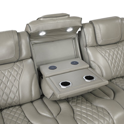 8449GY-3PWHM Power Double Reclining Sofa with Center Drop-Down Cup Holders, Power Headrests, Storage Arms with Cup holders, Reading Lights, Wireless Charger, Air Massage and Heat, LED Lighting and Charging Ports - 8449GY-3PWHM