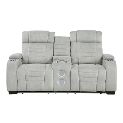 8455GRY-2 Double Reclining Love Seat with Center Console, Wireless Speakers, Storage Arms, Cup holders and LED - 8455GRY-2