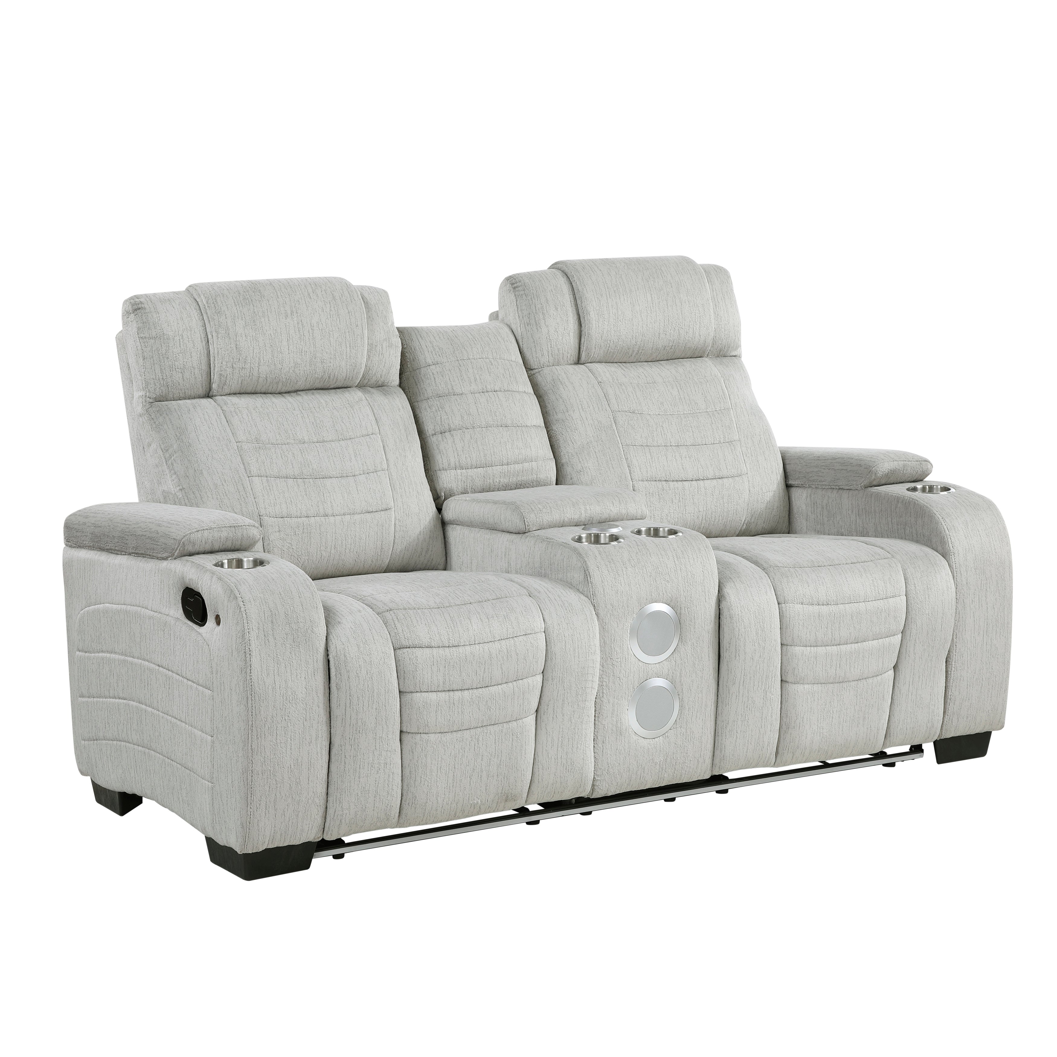 8455GRY-2 Double Reclining Love Seat with Center Console, Wireless Speakers, Storage Arms, Cup holders and LED - 8455GRY-2