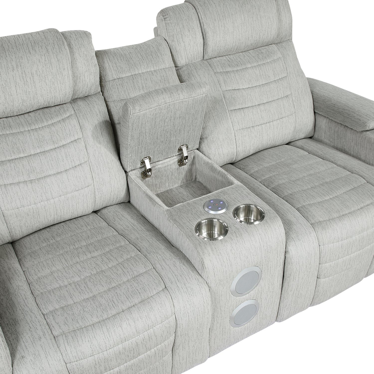 8455GRY-2 Double Reclining Love Seat with Center Console, Wireless Speakers, Storage Arms, Cup holders and LED - 8455GRY-2