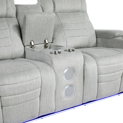 8455GRY-2 Double Reclining Love Seat with Center Console, Wireless Speakers, Storage Arms, Cup holders and LED - 8455GRY-2
