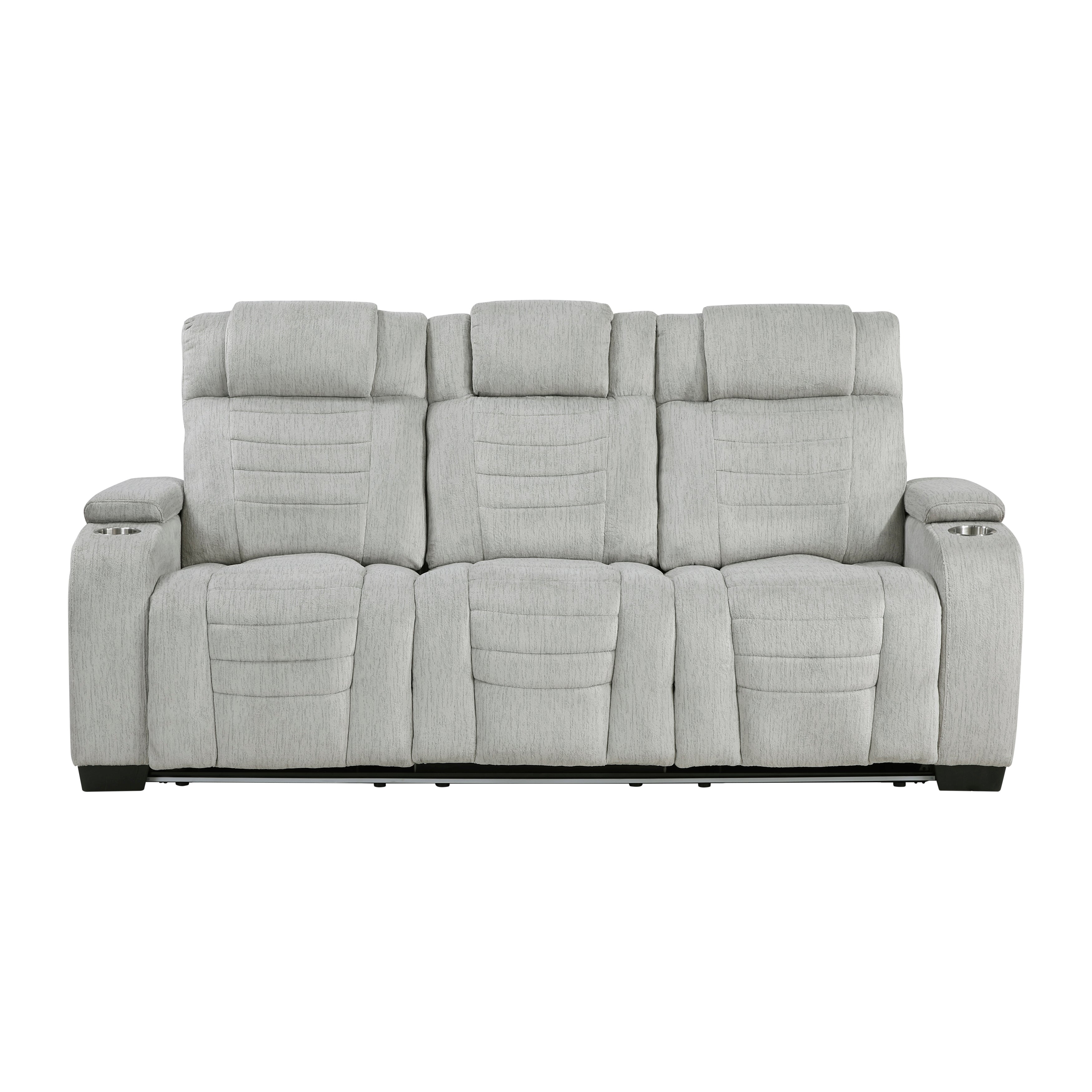 8455GRY-3 Double Reclining Sofa with Center Drop-Down Cup Holders, Storage Arms, Cup Holders, Reading Lights, Magazine Bag, Receptacles, Charging Ports and LED - 8455GRY-3