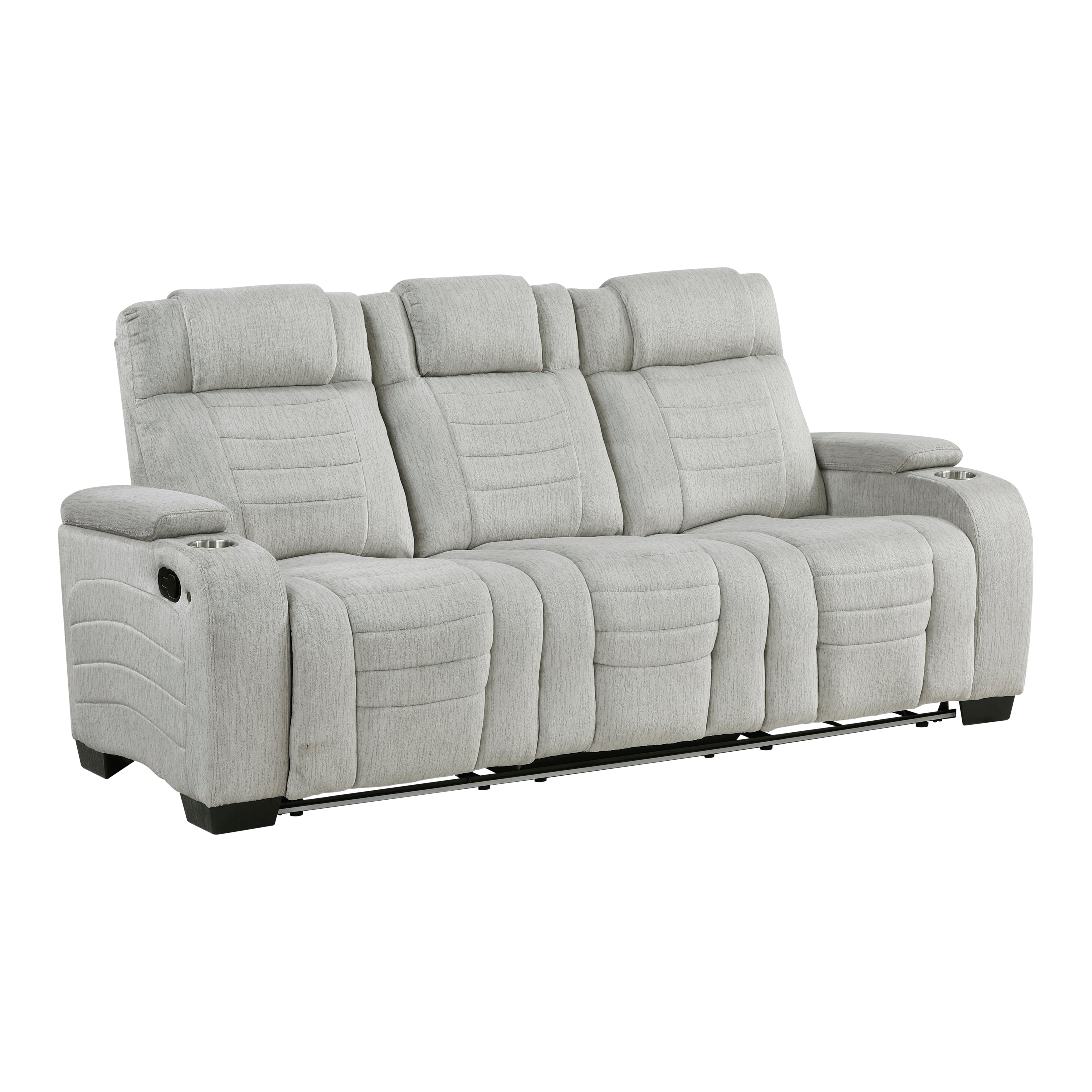 8455GRY-3 Double Reclining Sofa with Center Drop-Down Cup Holders, Storage Arms, Cup Holders, Reading Lights, Magazine Bag, Receptacles, Charging Ports and LED - 8455GRY-3