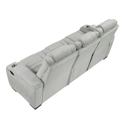 8455GRY-3 Double Reclining Sofa with Center Drop-Down Cup Holders, Storage Arms, Cup Holders, Reading Lights, Magazine Bag, Receptacles, Charging Ports and LED - 8455GRY-3