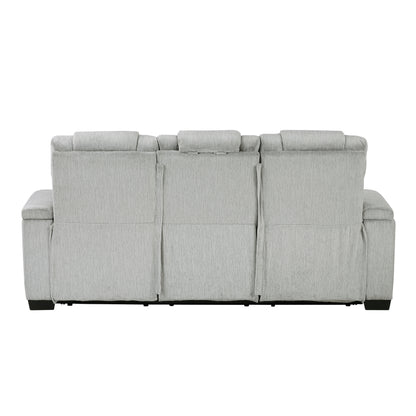 8455GRY-3 Double Reclining Sofa with Center Drop-Down Cup Holders, Storage Arms, Cup Holders, Reading Lights, Magazine Bag, Receptacles, Charging Ports and LED - 8455GRY-3