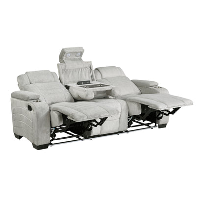 8455GRY-3 Double Reclining Sofa with Center Drop-Down Cup Holders, Storage Arms, Cup Holders, Reading Lights, Magazine Bag, Receptacles, Charging Ports and LED - 8455GRY-3