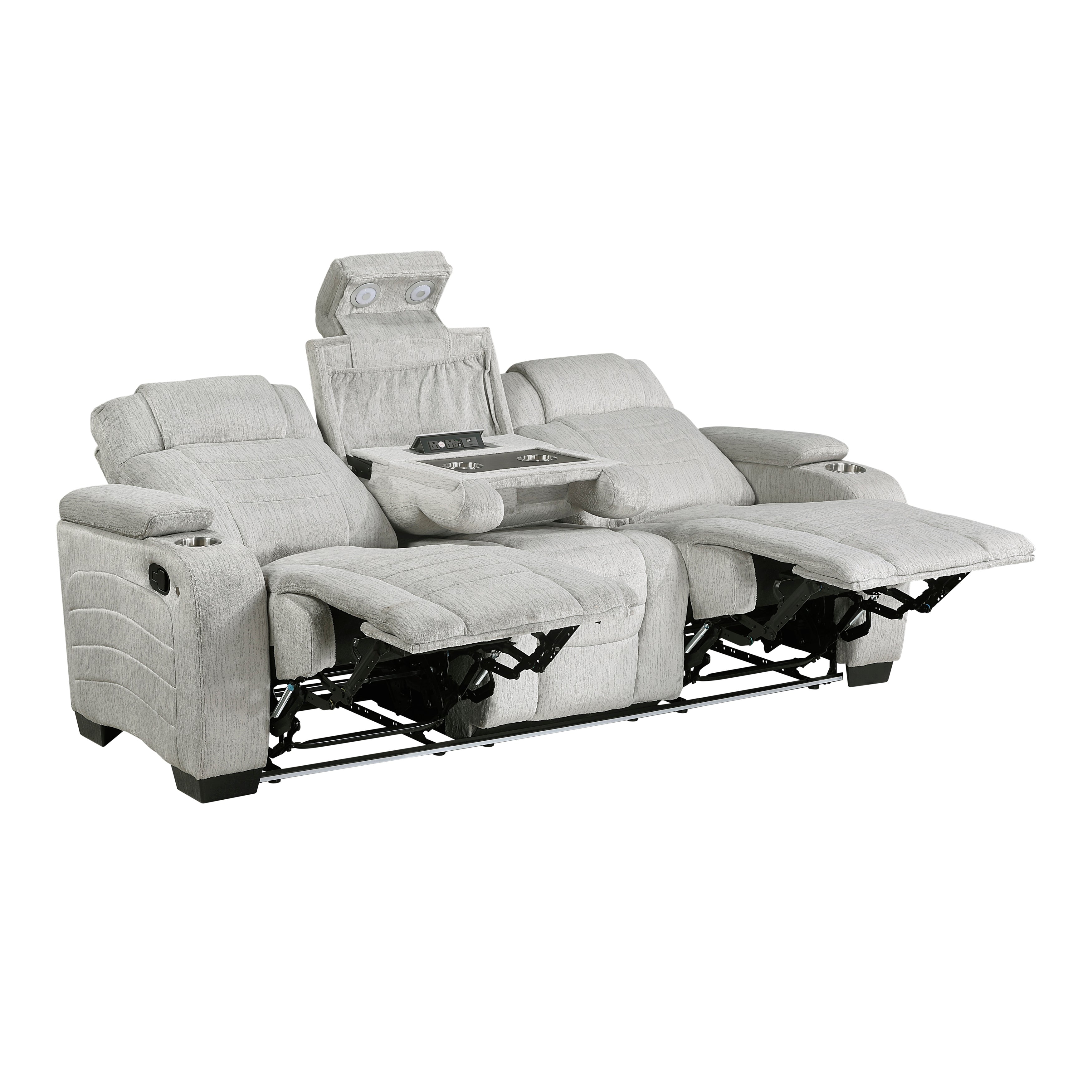 8455GRY-3 Double Reclining Sofa with Center Drop-Down Cup Holders, Storage Arms, Cup Holders, Reading Lights, Magazine Bag, Receptacles, Charging Ports and LED - 8455GRY-3