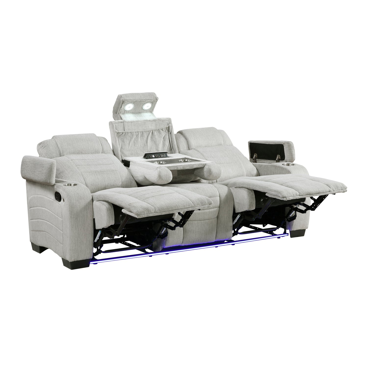 8455GRY-3 Double Reclining Sofa with Center Drop-Down Cup Holders, Storage Arms, Cup Holders, Reading Lights, Magazine Bag, Receptacles, Charging Ports and LED - 8455GRY-3