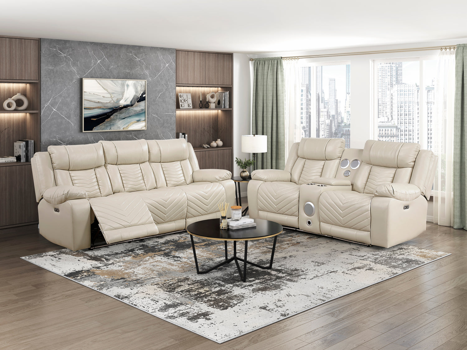 8457BEG-2PW Power Double Reclining Love Seat with Center Console, Wireless Speakers, LED and Charging Ports - 8457BEG-2PW