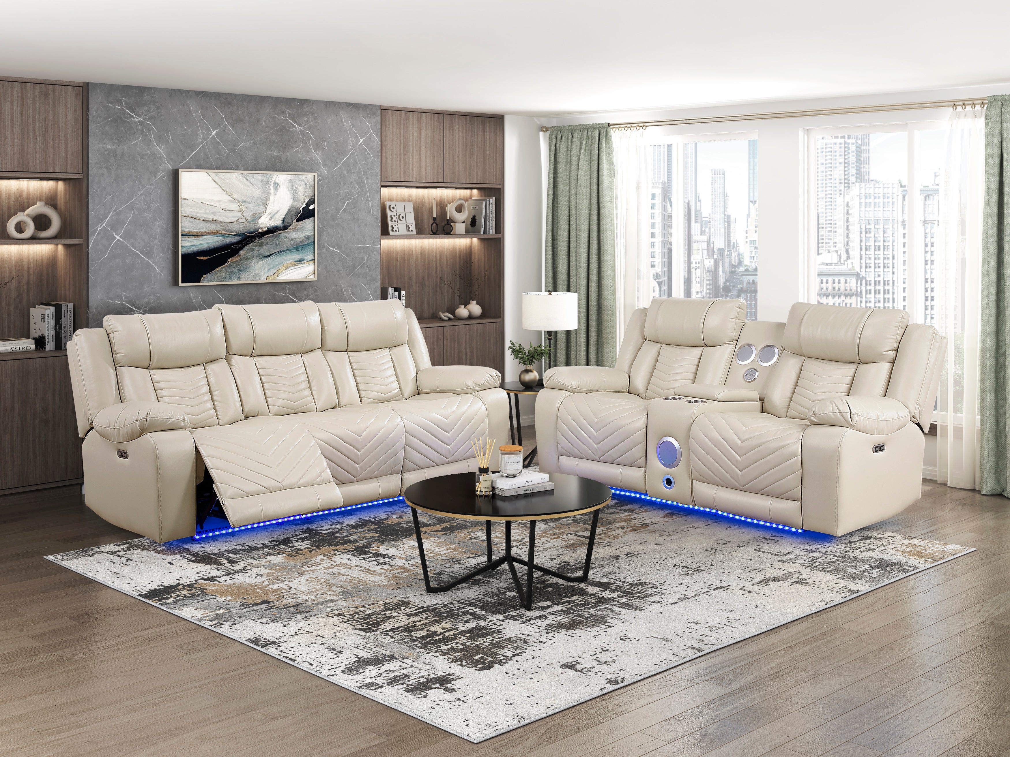 8457BEG-2PW Power Double Reclining Love Seat with Center Console, Wireless Speakers, LED and Charging Ports - 8457BEG-2PW