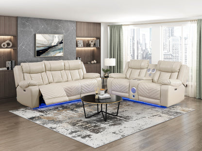 8457BEG-2PW Power Double Reclining Love Seat with Center Console, Wireless Speakers, LED and Charging Ports - 8457BEG-2PW
