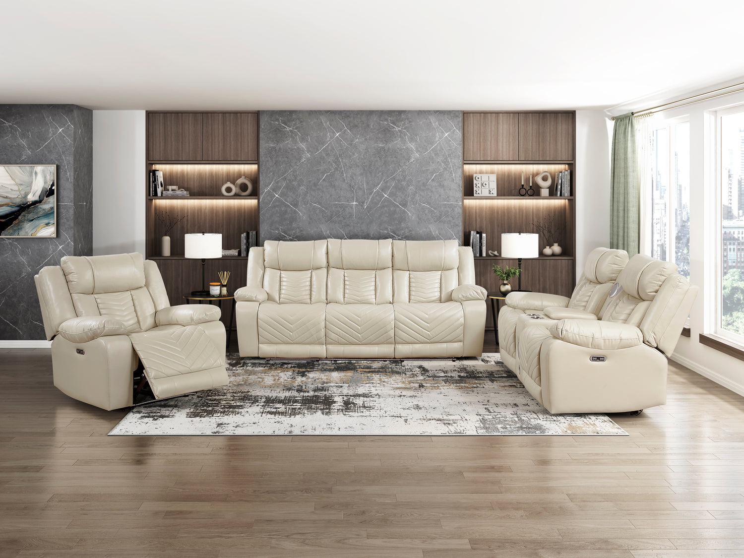 8457BEG-3PW Power Double Reclining Sofa with Center Drop-Down Cup Holders, Wireless Charger, Magazine Bag, LED and Charging Ports - 8457BEG-3PW