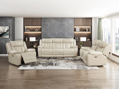 8457BEG-3PW Power Double Reclining Sofa with Center Drop-Down Cup Holders, Wireless Charger, Magazine Bag, LED and Charging Ports - 8457BEG-3PW