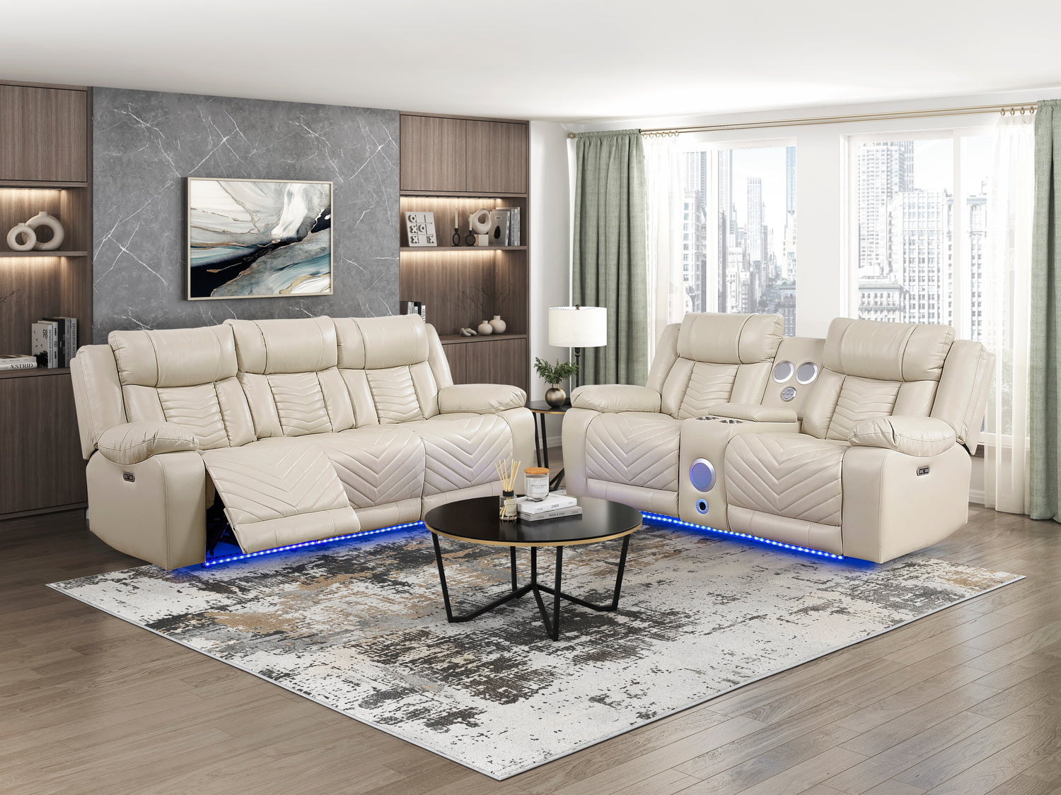 8457BEG-3PW Power Double Reclining Sofa with Center Drop-Down Cup Holders, Wireless Charger, Magazine Bag, LED and Charging Ports - 8457BEG-3PW