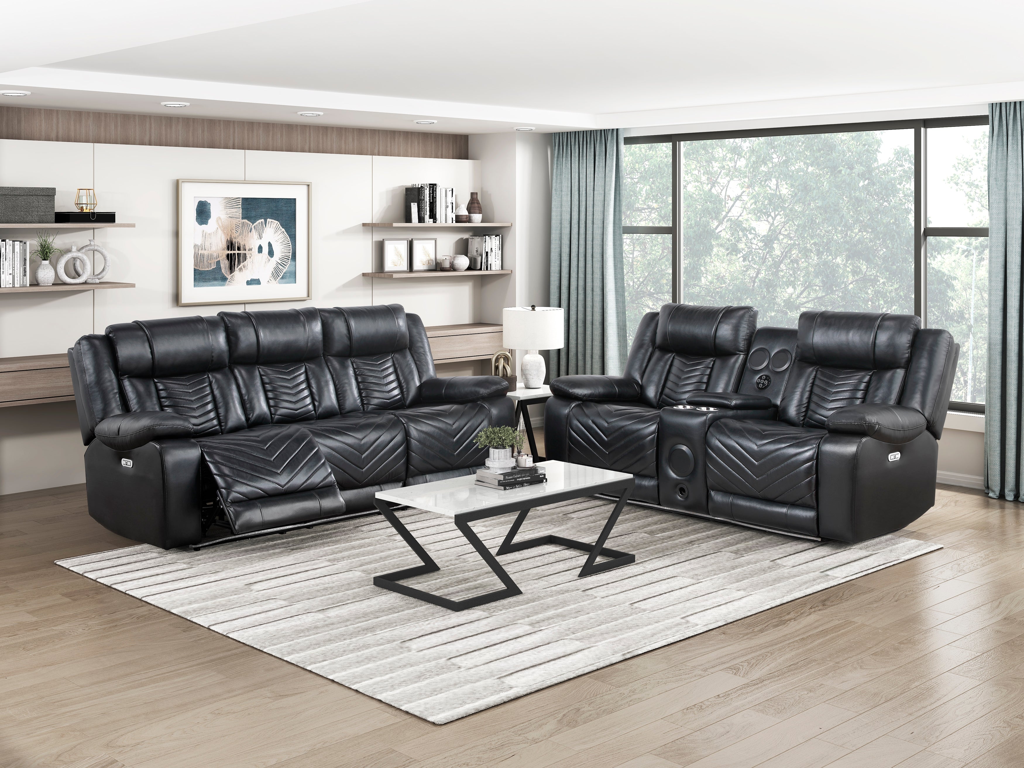 8457BLK-2PW Power Double Reclining Love Seat with Center Console, Wireless Speakers, LED and Charging Ports - 8457BLK-2PW