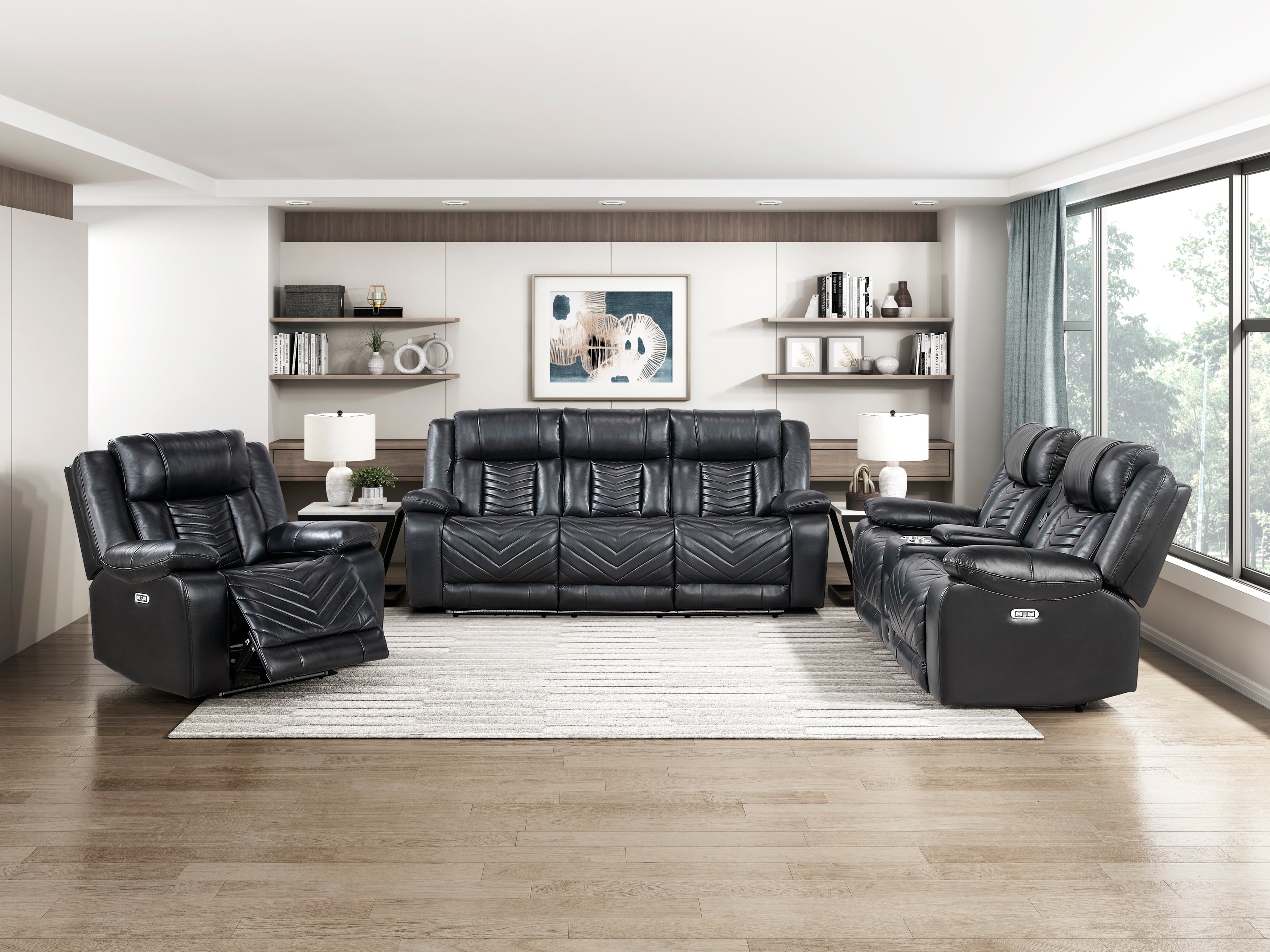 8457BLK-2PW Power Double Reclining Love Seat with Center Console, Wireless Speakers, LED and Charging Ports - 8457BLK-2PW