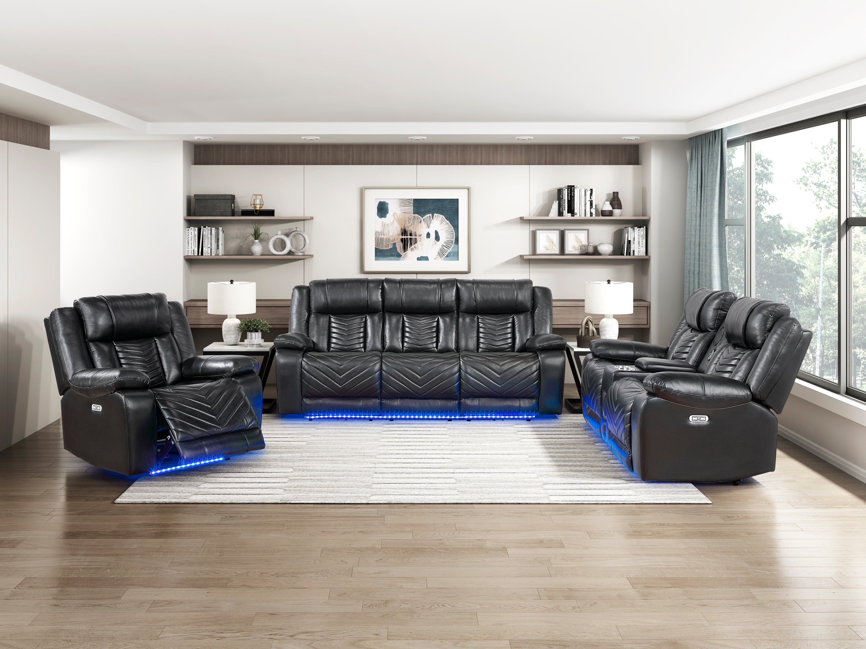 8457BLK-2PW Power Double Reclining Love Seat with Center Console, Wireless Speakers, LED and Charging Ports - 8457BLK-2PW