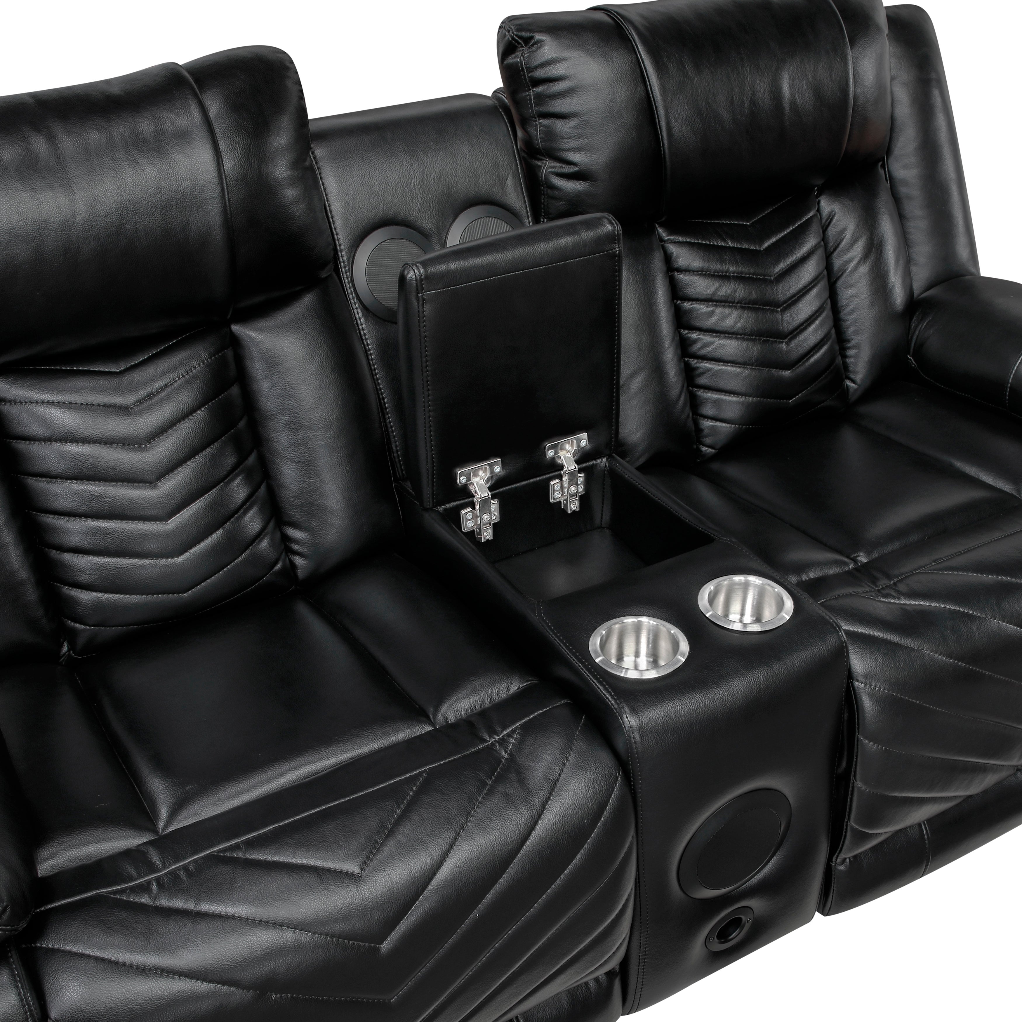 8457BLK-2PW Power Double Reclining Love Seat with Center Console, Wireless Speakers, LED and Charging Ports - 8457BLK-2PW