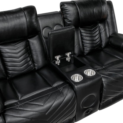 8457BLK-2PW Power Double Reclining Love Seat with Center Console, Wireless Speakers, LED and Charging Ports - 8457BLK-2PW