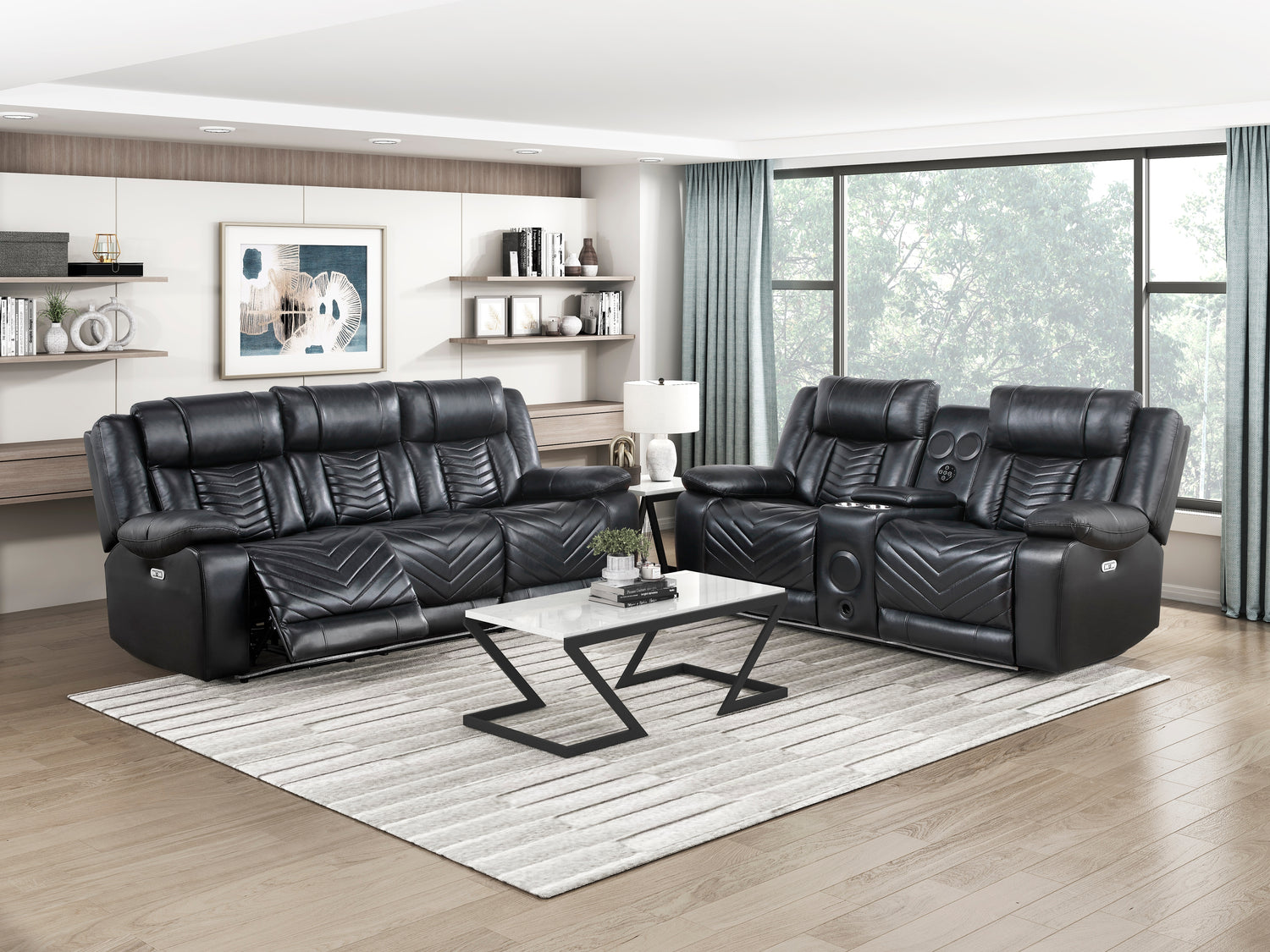 8457BLK-3PW Power Double Reclining Sofa with Center Drop-Down Cup Holders, Wireless Charger, Magazine Bag, LED and Charging Ports - 8457BLK-3PW