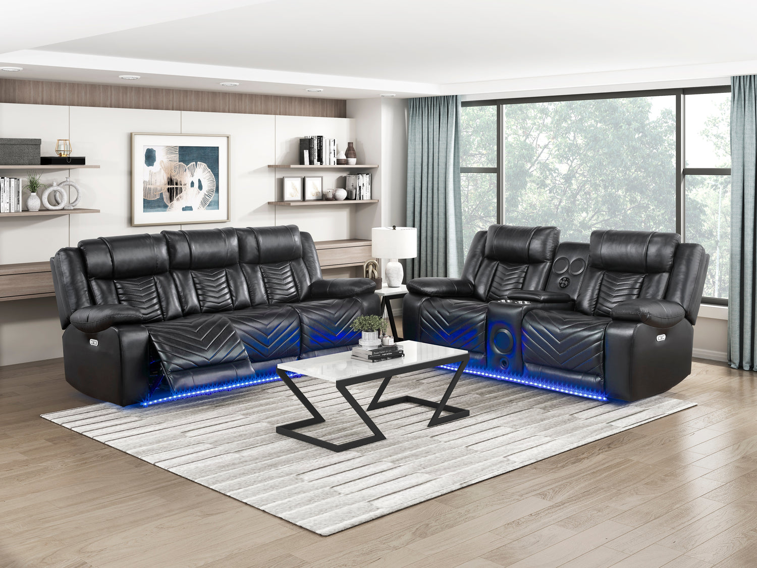 8457BLK-3PW Power Double Reclining Sofa with Center Drop-Down Cup Holders, Wireless Charger, Magazine Bag, LED and Charging Ports - 8457BLK-3PW
