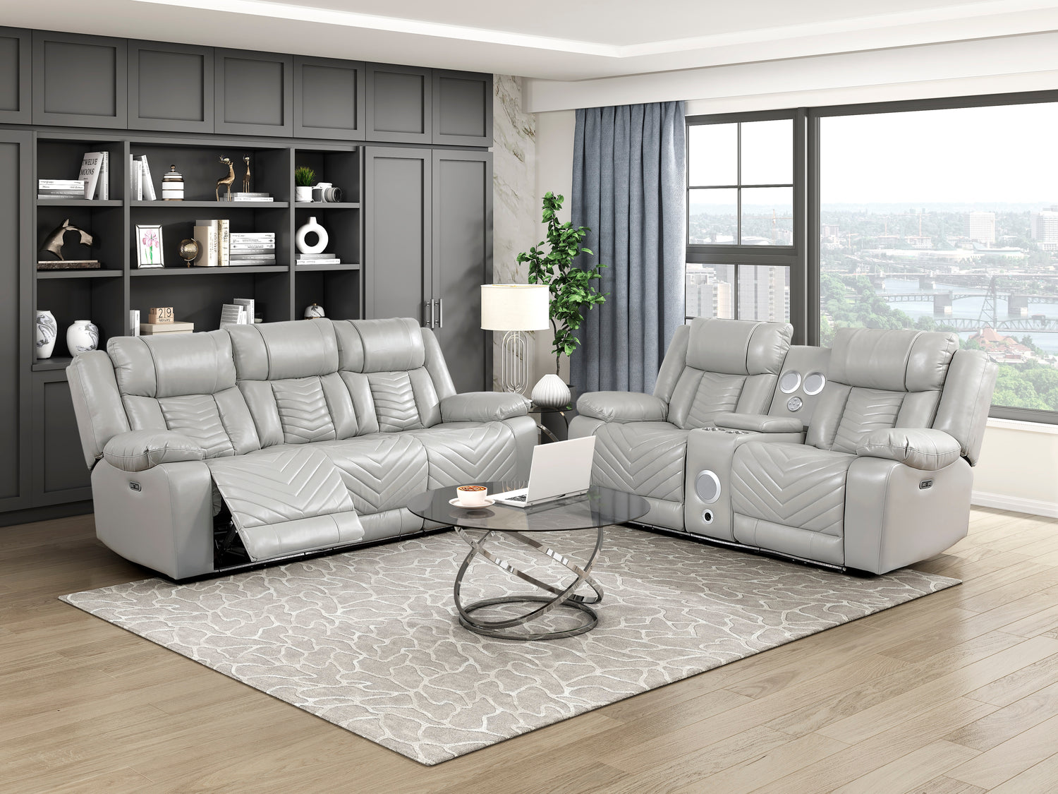8457GRY-2PW Power Double Reclining Love Seat with Center Console, Wireless Speakers, LED and Charging Ports - 8457GRY-2PW