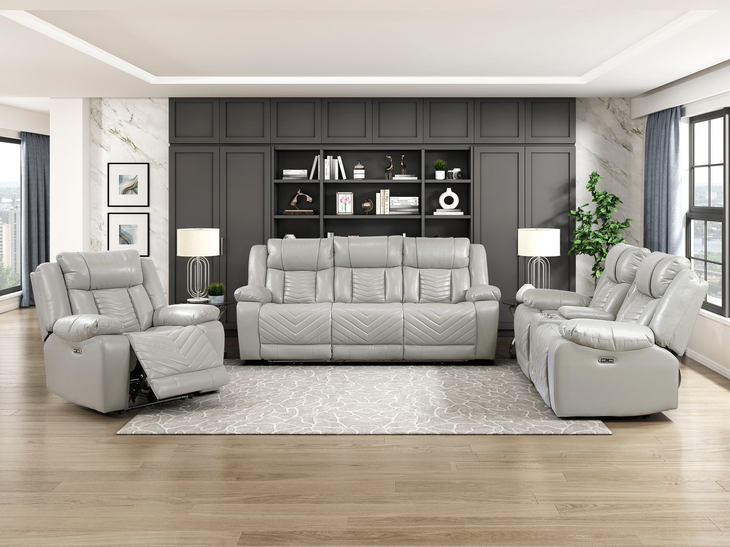 8457GRY-2PW Power Double Reclining Love Seat with Center Console, Wireless Speakers, LED and Charging Ports - 8457GRY-2PW