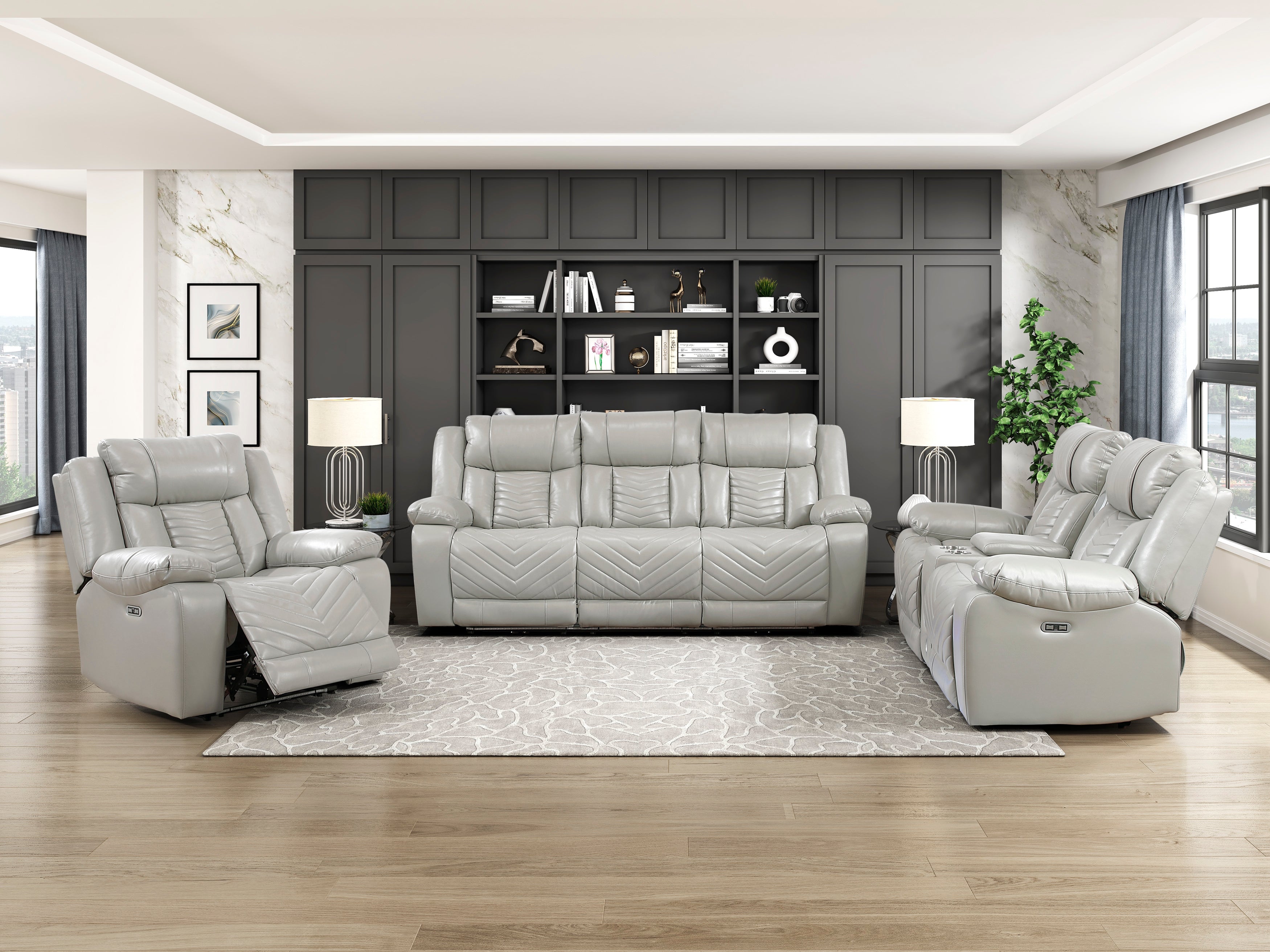 8457GRY-2PW Power Double Reclining Love Seat with Center Console, Wireless Speakers, LED and Charging Ports - 8457GRY-2PW