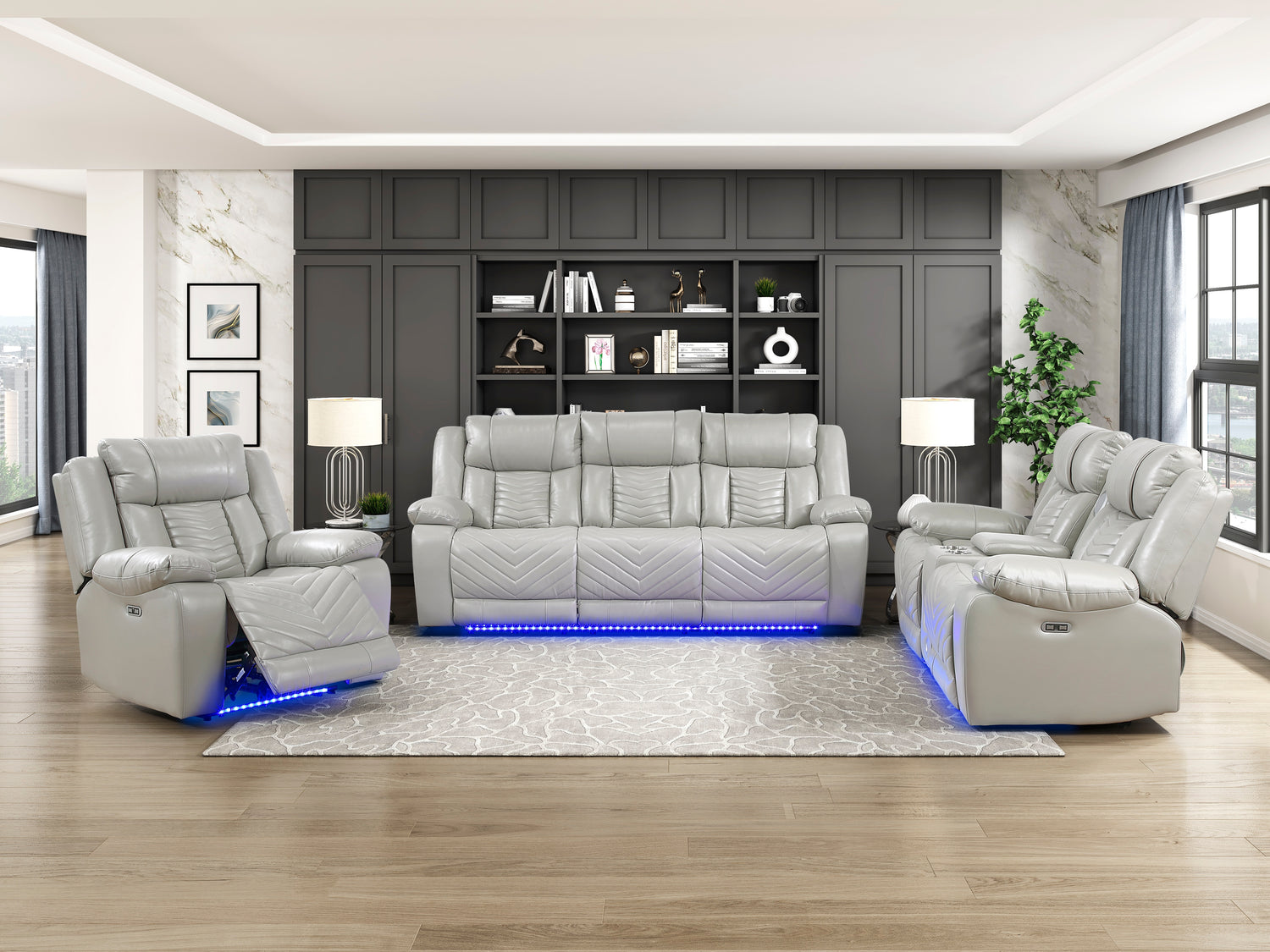 8457GRY-2PW Power Double Reclining Love Seat with Center Console, Wireless Speakers, LED and Charging Ports - 8457GRY-2PW