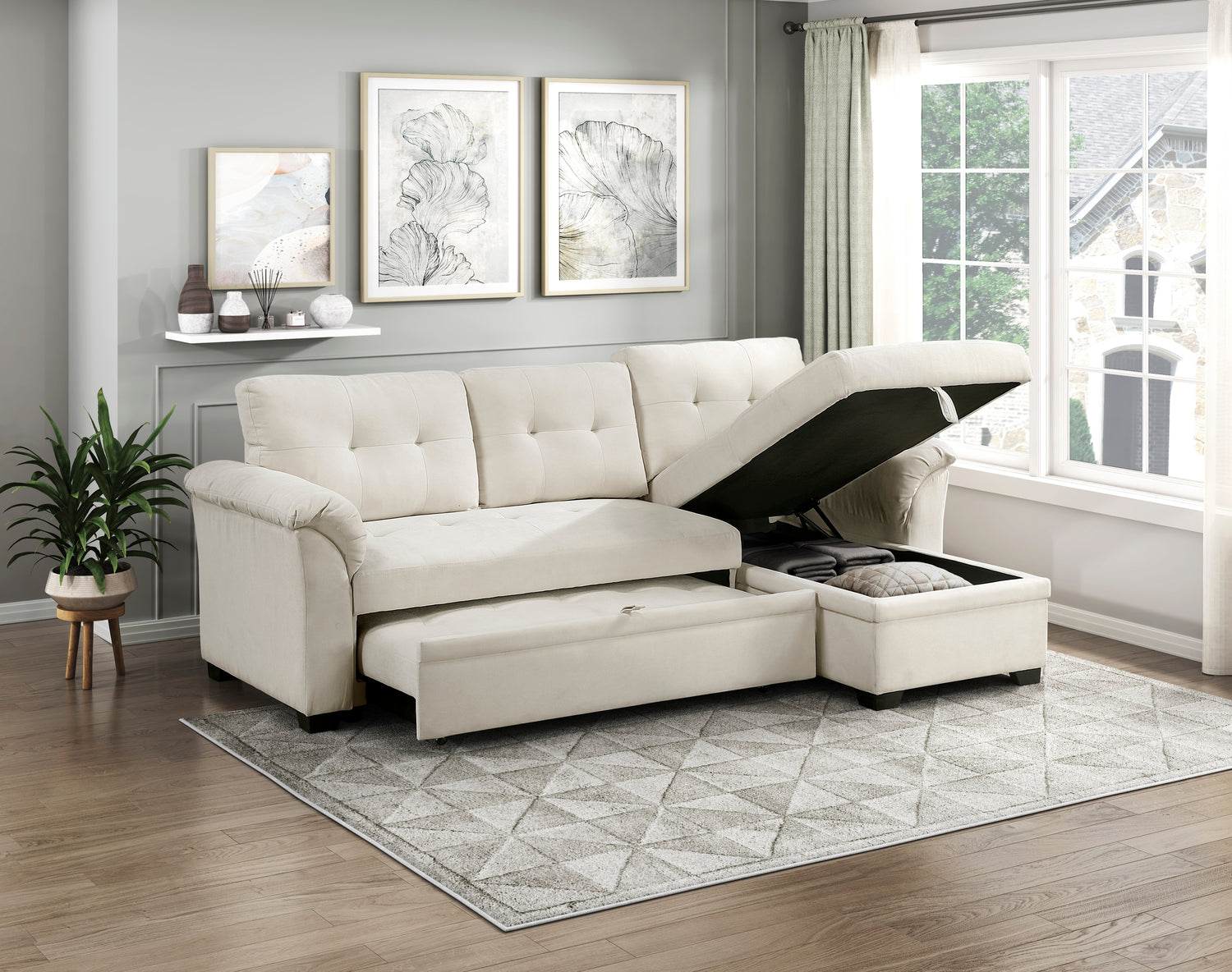 8477BEG*SC (3)2-Piece Reversible Sectional with Reversible Chaise, Hidden Storage and Pull-out Bed - 8477BEG*SC