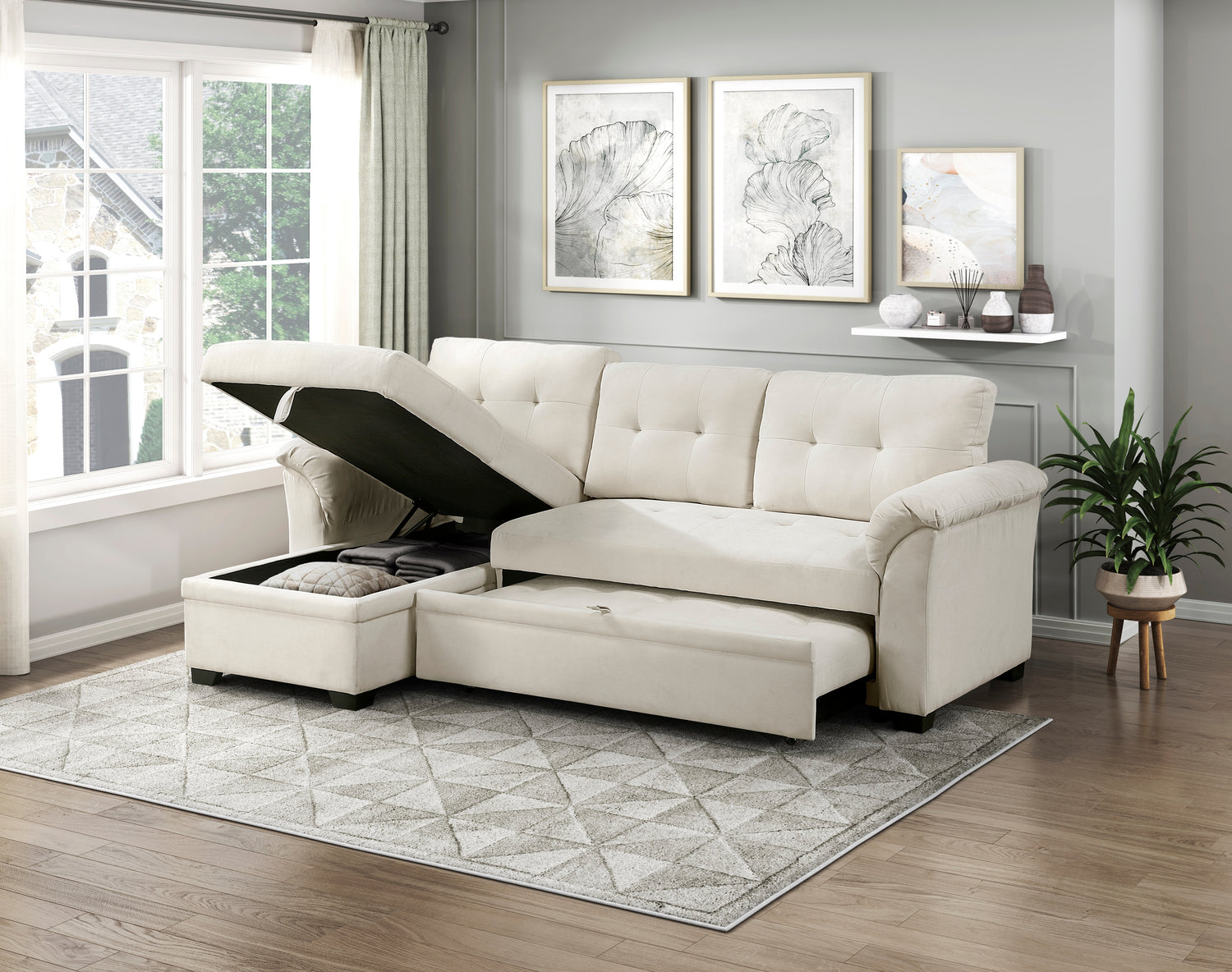 8477BEG*SC (3)2-Piece Reversible Sectional with Reversible Chaise, Hidden Storage and Pull-out Bed - 8477BEG*SC