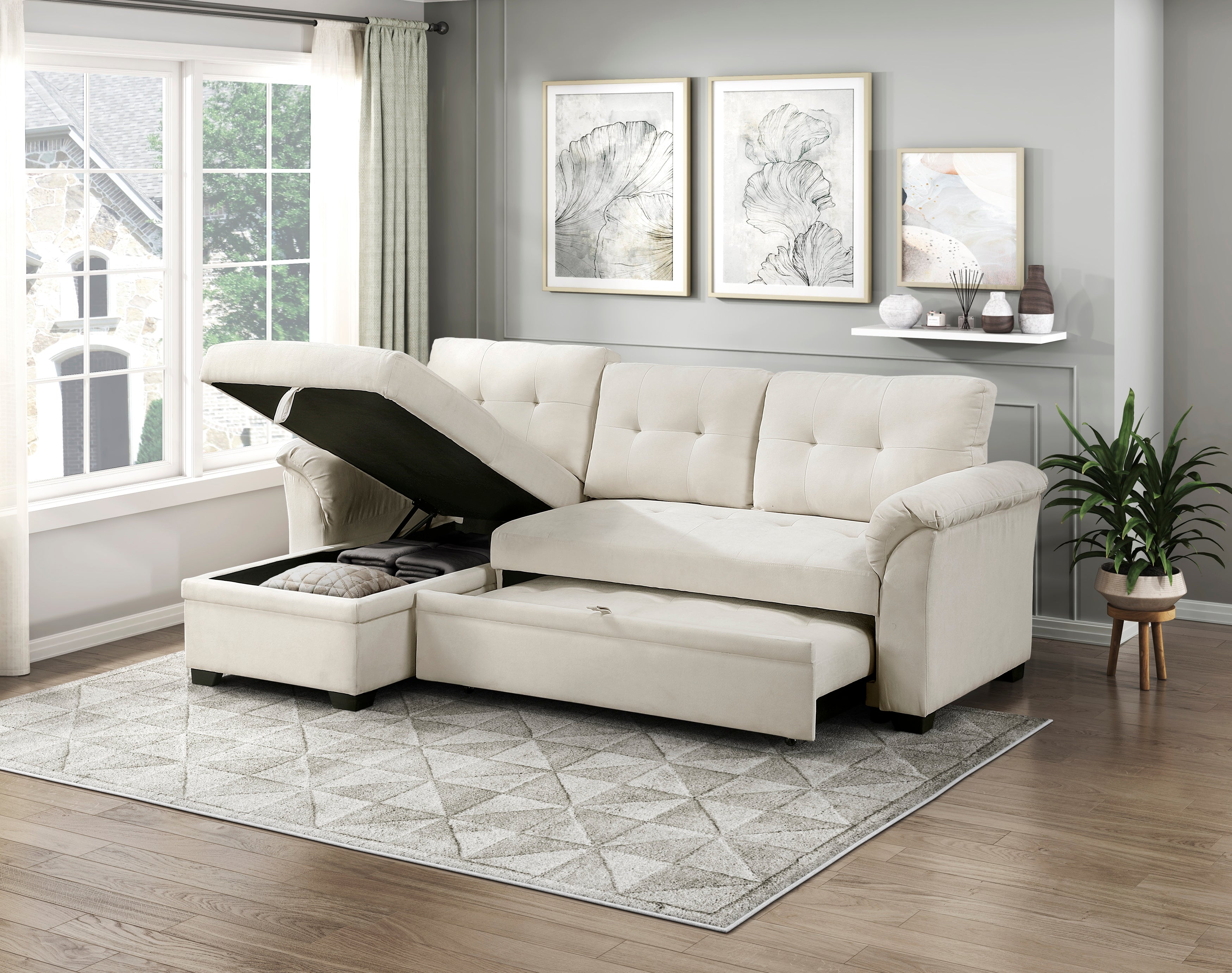 8477BEG*SC (3)2-Piece Reversible Sectional with Reversible Chaise, Hidden Storage and Pull-out Bed - 8477BEG*SC