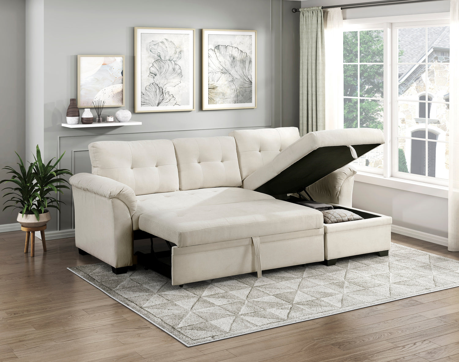 8477BEG*SC (3)2-Piece Reversible Sectional with Reversible Chaise, Hidden Storage and Pull-out Bed - 8477BEG*SC