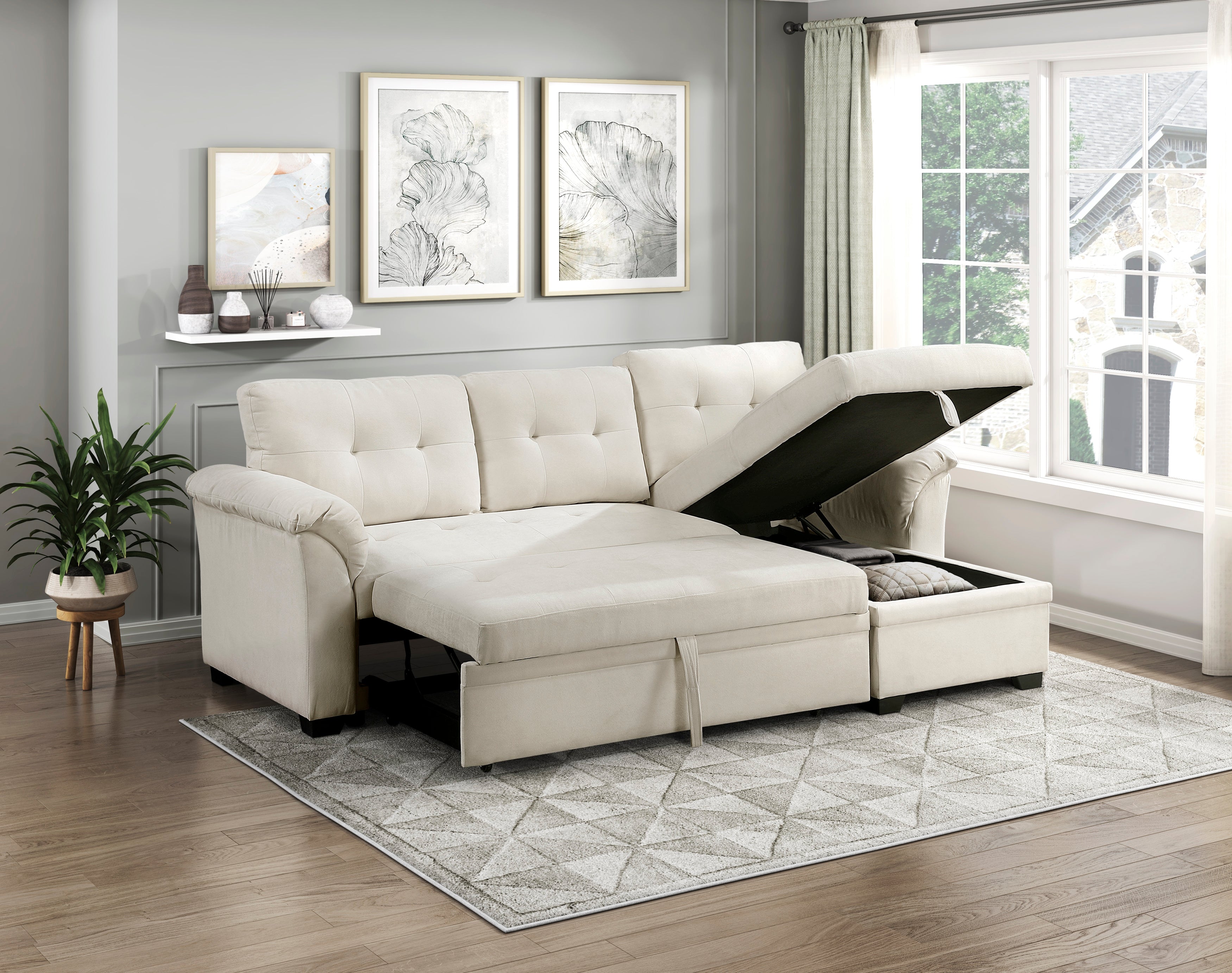 8477BEG*SC (3)2-Piece Reversible Sectional with Reversible Chaise, Hidden Storage and Pull-out Bed - 8477BEG*SC