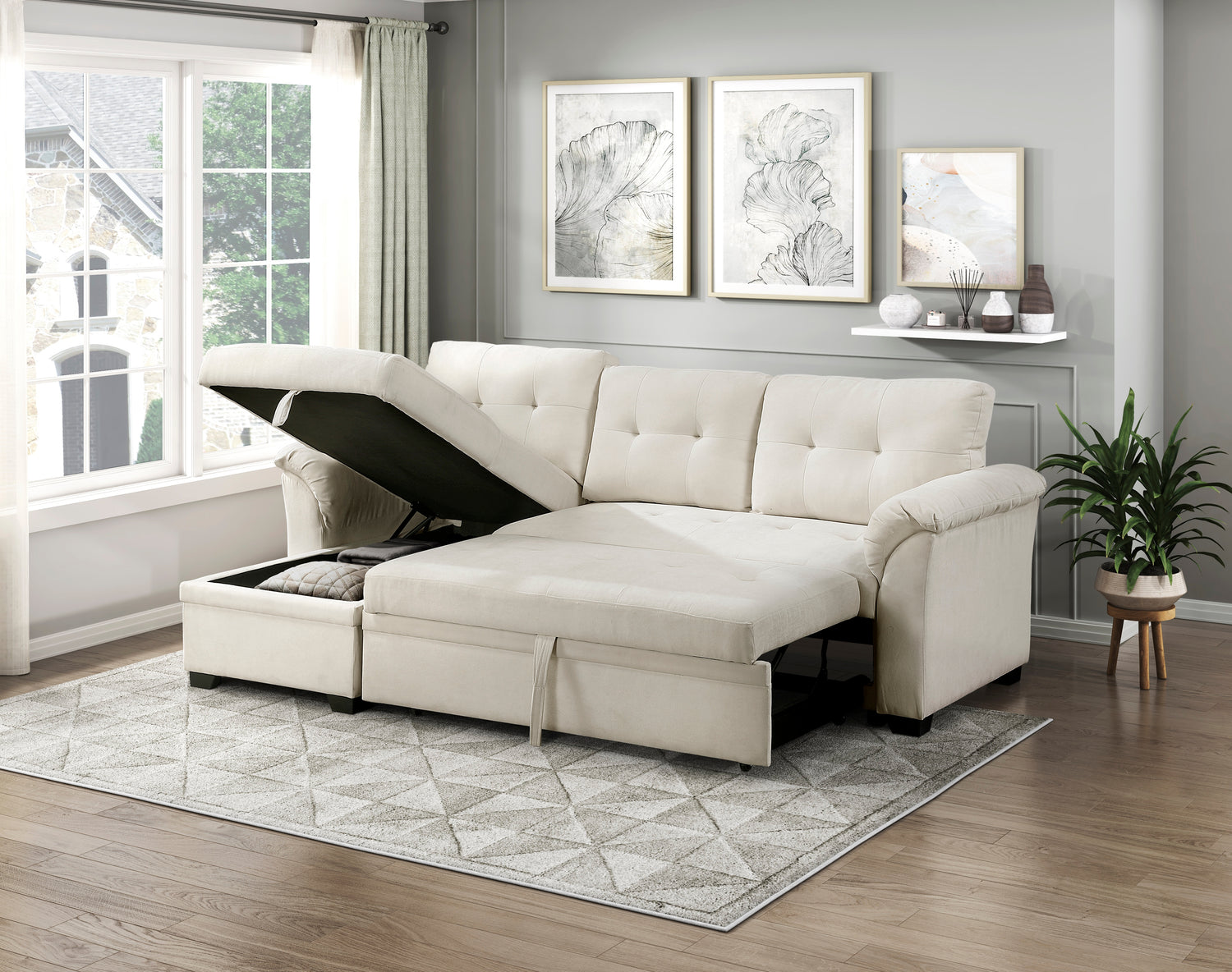 8477BEG*SC (3)2-Piece Reversible Sectional with Reversible Chaise, Hidden Storage and Pull-out Bed - 8477BEG*SC