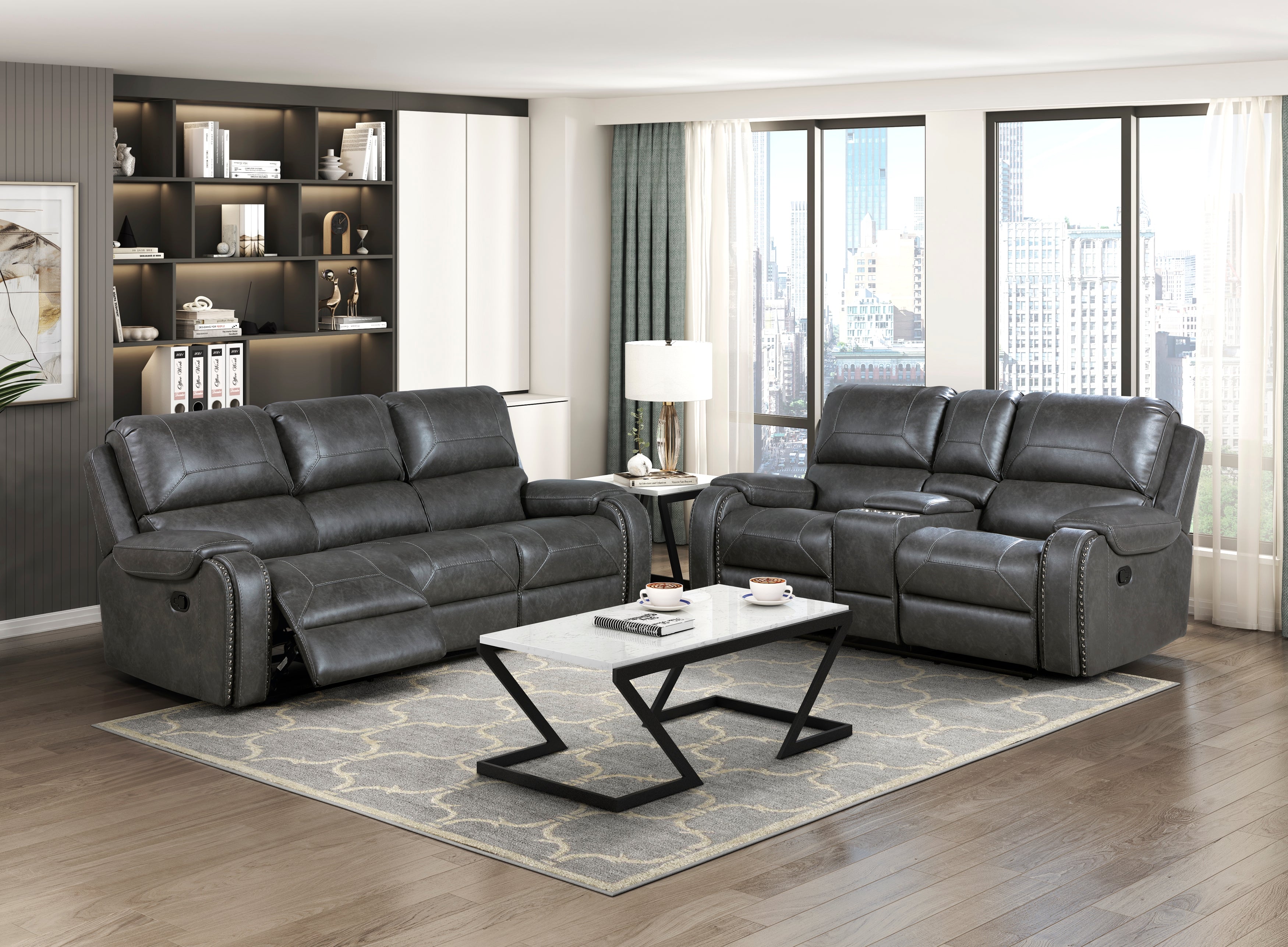 8549GRY-3 DOUBLE RECLINING SOFA WITH CENTER DROP-DOWN CUP HOLDERS, RECEPTACLES AND USB PORTS - 8549GRY-3