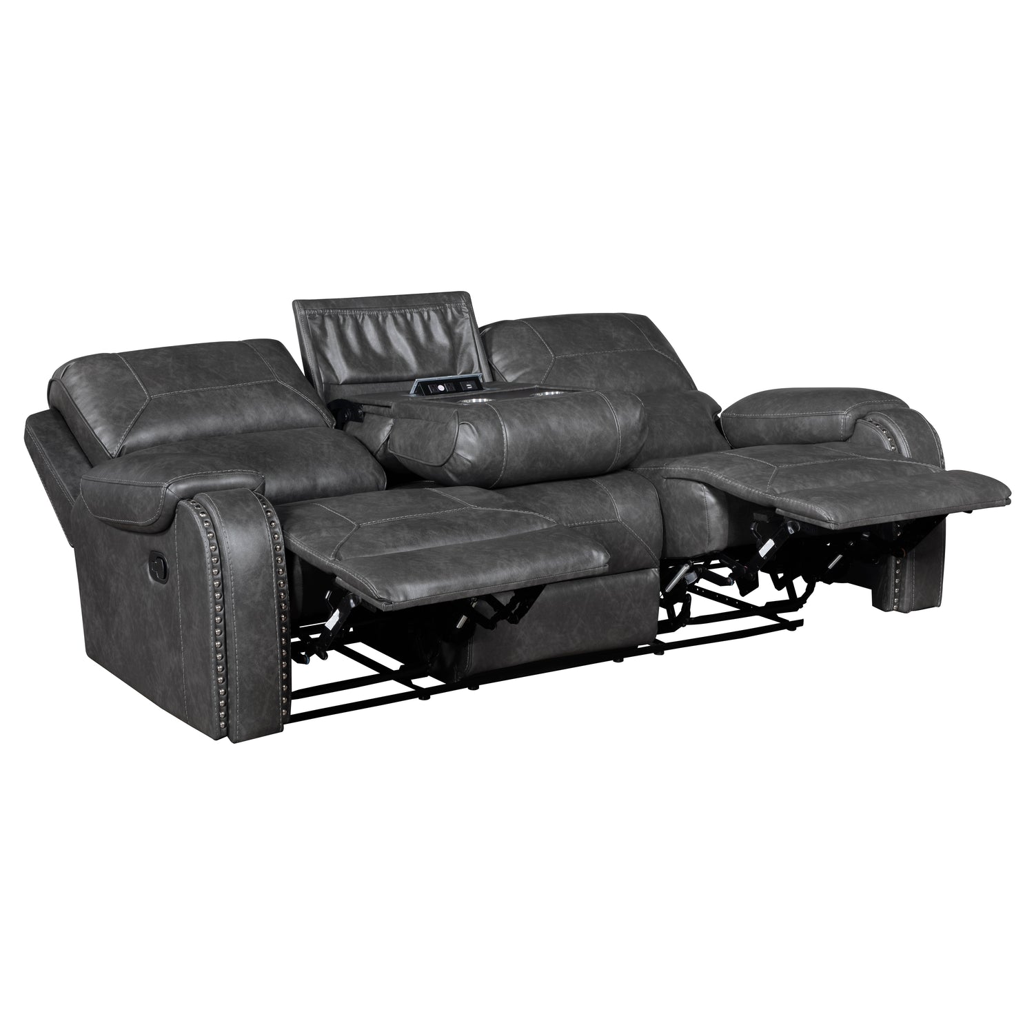 8549GRY-3 DOUBLE RECLINING SOFA WITH CENTER DROP-DOWN CUP HOLDERS, RECEPTACLES AND USB PORTS - 8549GRY-3