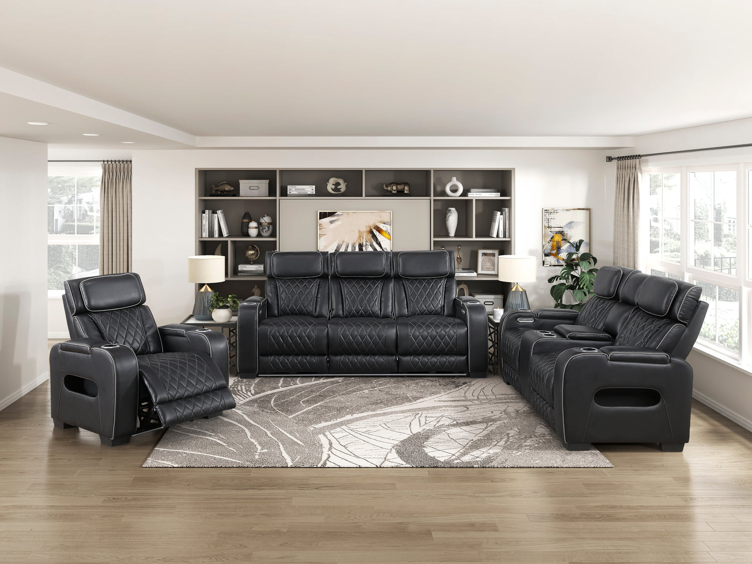 9516BLK-1PWH Power Reclining Chair with Power Headrest, Cup holders and Storage Arms(Top and Side), Charging Ports and LED lighting - 9516BLK-1PWH