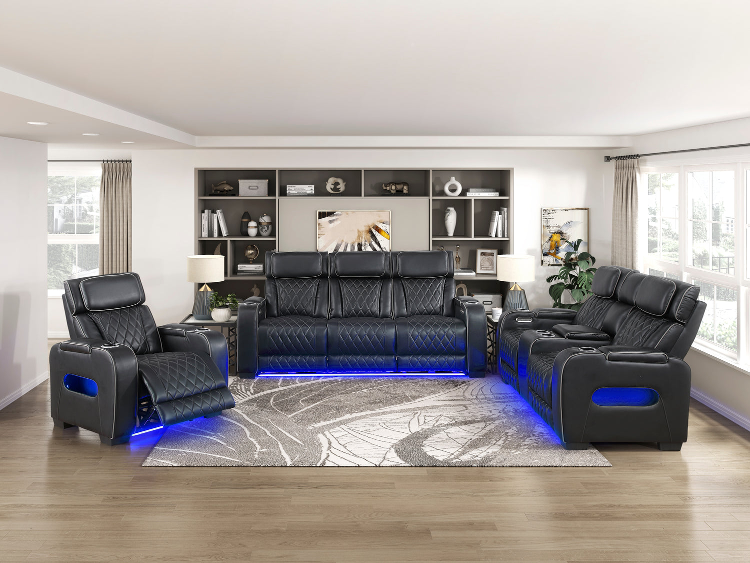 9516BLK-1PWH Power Reclining Chair with Power Headrest, Cup holders and Storage Arms(Top and Side), Charging Ports and LED lighting - 9516BLK-1PWH