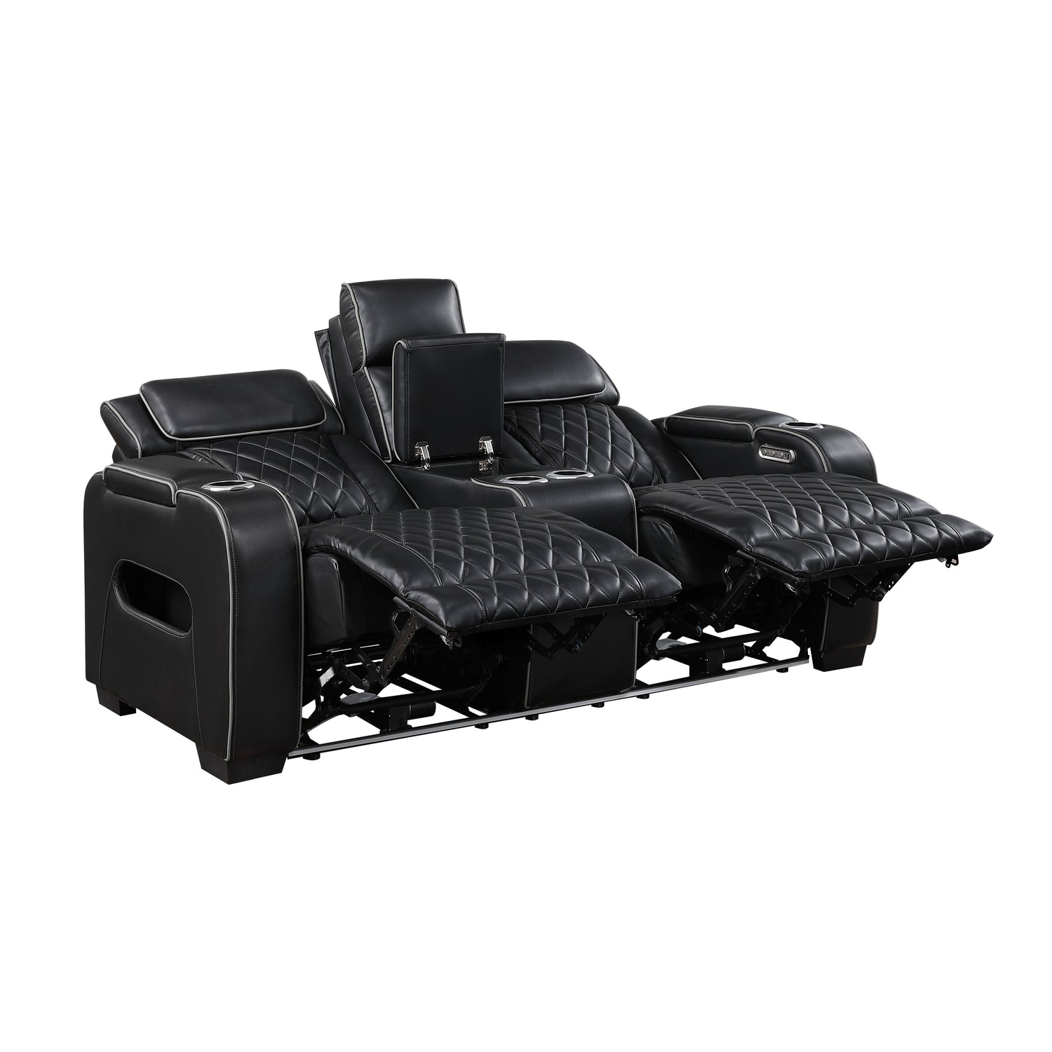 9516BLK-2PWH Power Double Reclining Love Seat with Center Console, Power Headrests, Storage Arms(Top and Side), Cup holders, Charging Ports and LED lighting - 9516BLK-2PWH