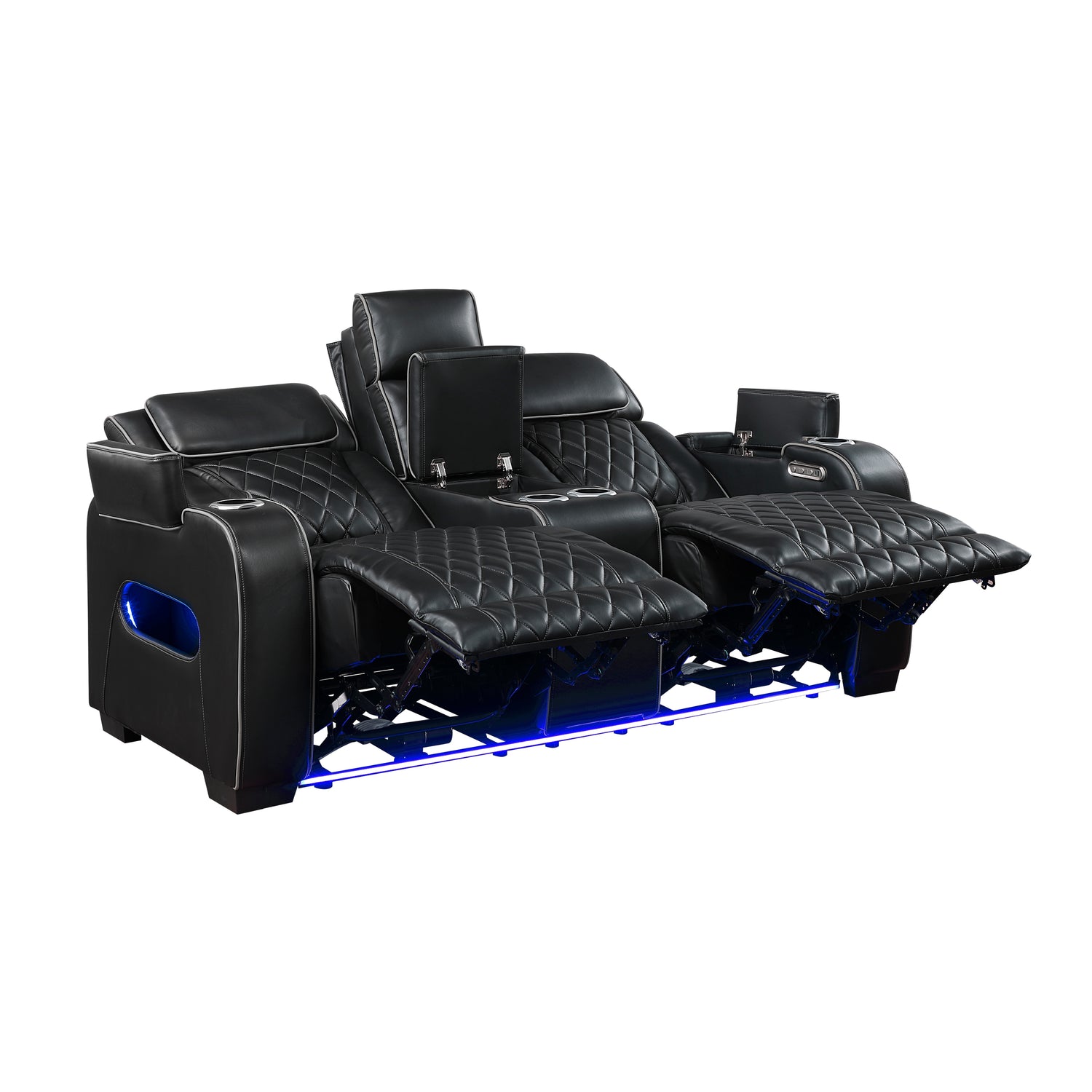 9516BLK-2PWH Power Double Reclining Love Seat with Center Console, Power Headrests, Storage Arms(Top and Side), Cup holders, Charging Ports and LED lighting - 9516BLK-2PWH