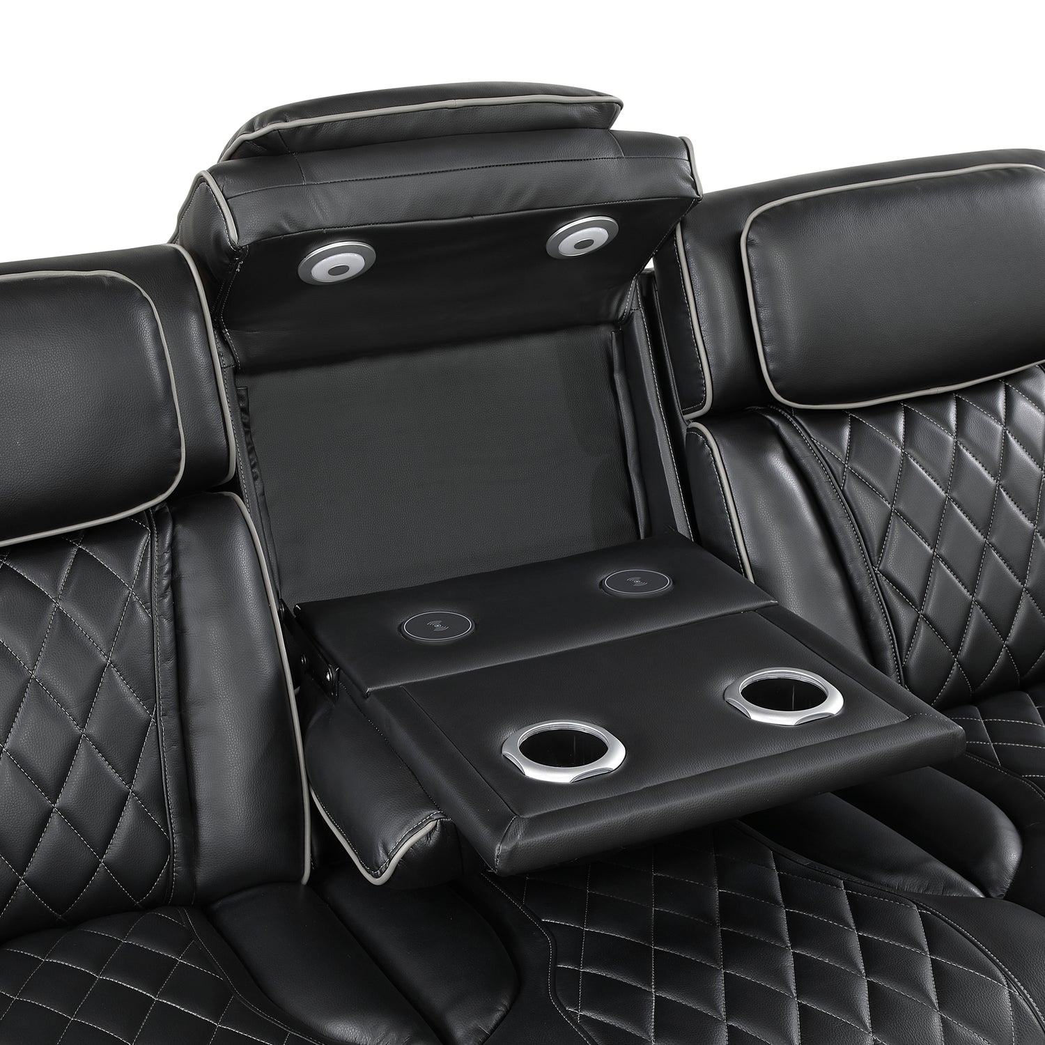 9516BLK-3PWH Power Double Reclining Sofa with Center Drop-Down Cup Holders, Power Headrests, Storage Arms(Top and Side), Cup holders and Reading Lights, Two Wireless Chargers, Charging Ports and LED Lighting - 9516BLK-3PWH